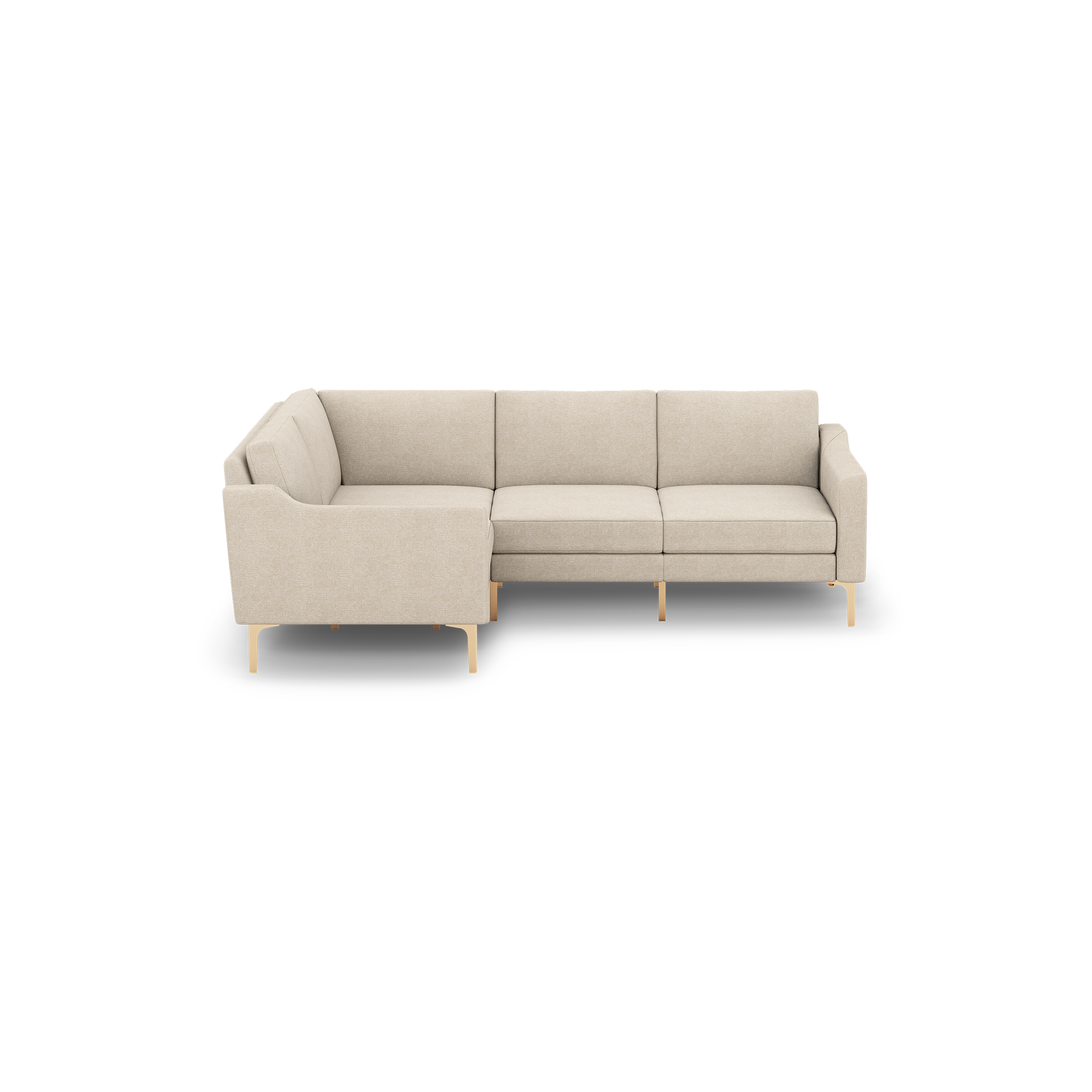 Beige fabric L-shaped sectional sofa with slim armrests and light wooden legs, designed for modern living spaces.