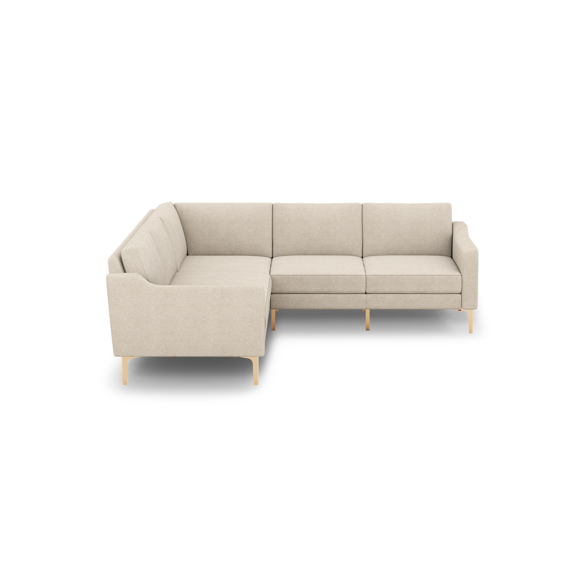 Beige fabric L-shaped sectional sofa with clean lines and wooden legs, featuring three seat cushions and a tufted backrest.
