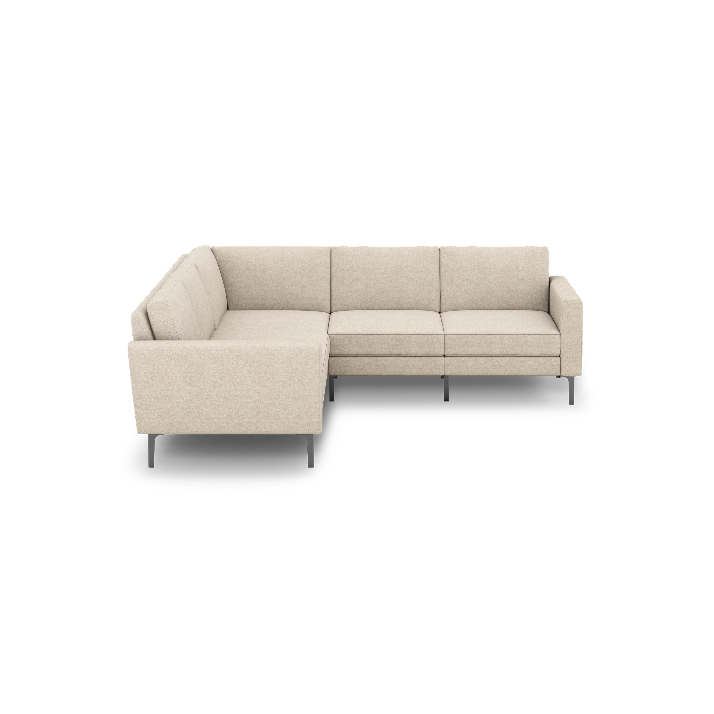 Beige L-shaped sectional sofa with clean lines, plush cushions, and slim black metal legs, designed for modern living rooms.