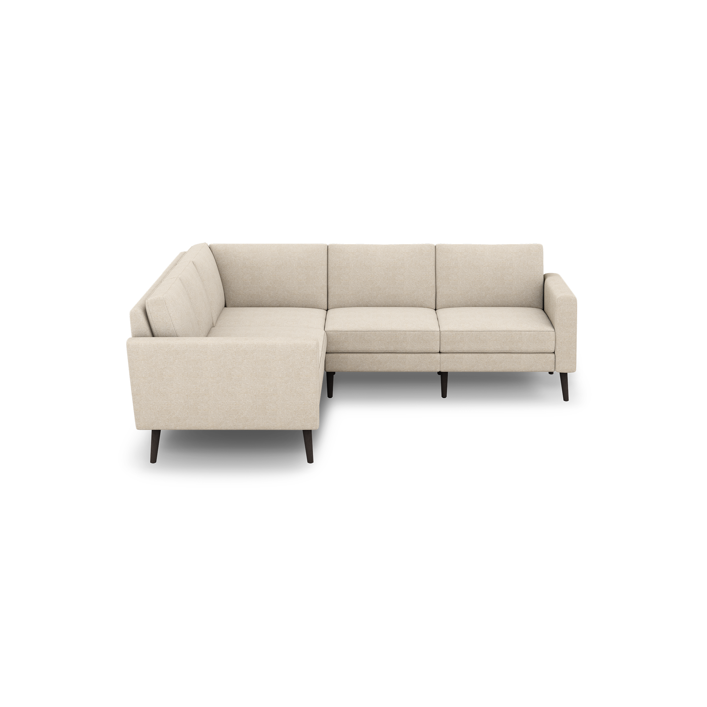 Beige L-shaped sectional sofa with clean lines, cushioned seats, backrests, and dark wooden legs, perfect for modern living rooms.