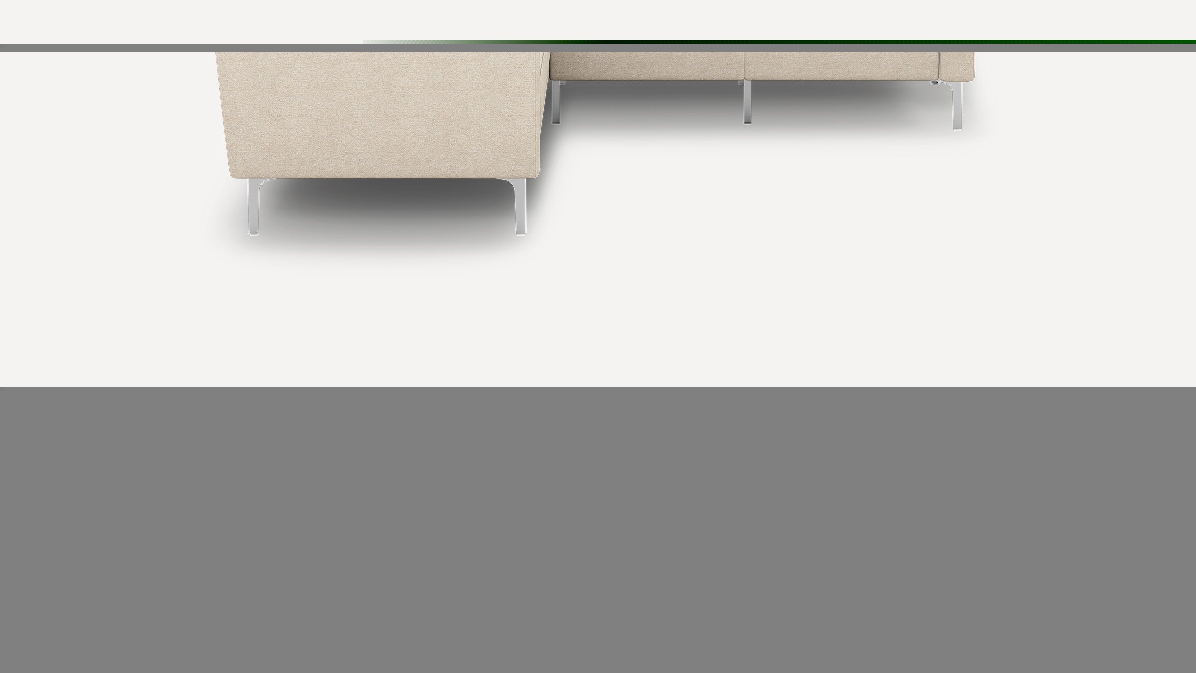 Modern beige sectional sofa with light metal legs, featuring clean lines and a minimalist design on a white background.