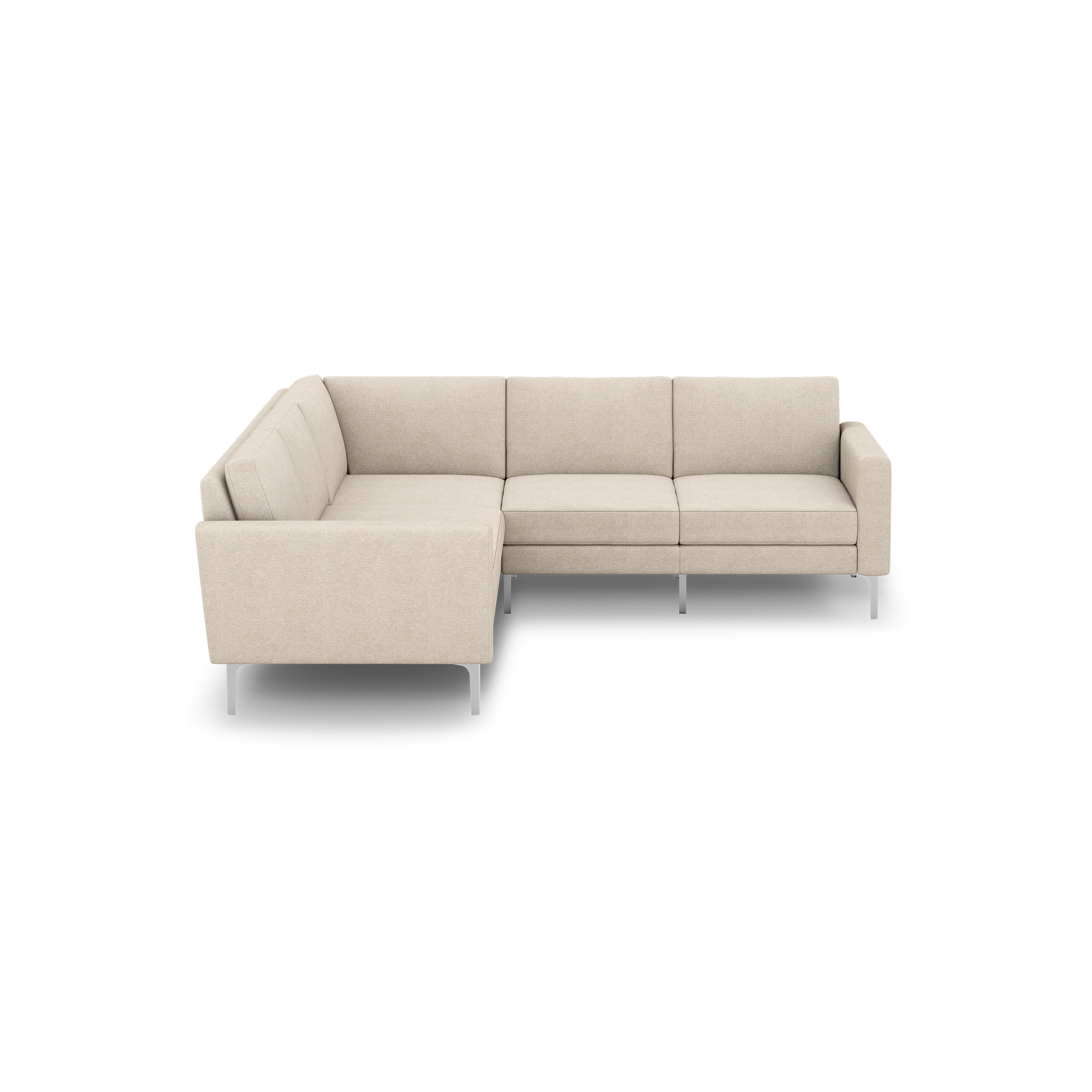 Beige fabric L-shaped sectional sofa with clean lines, cushioned seats, and modern metal legs on a black background.