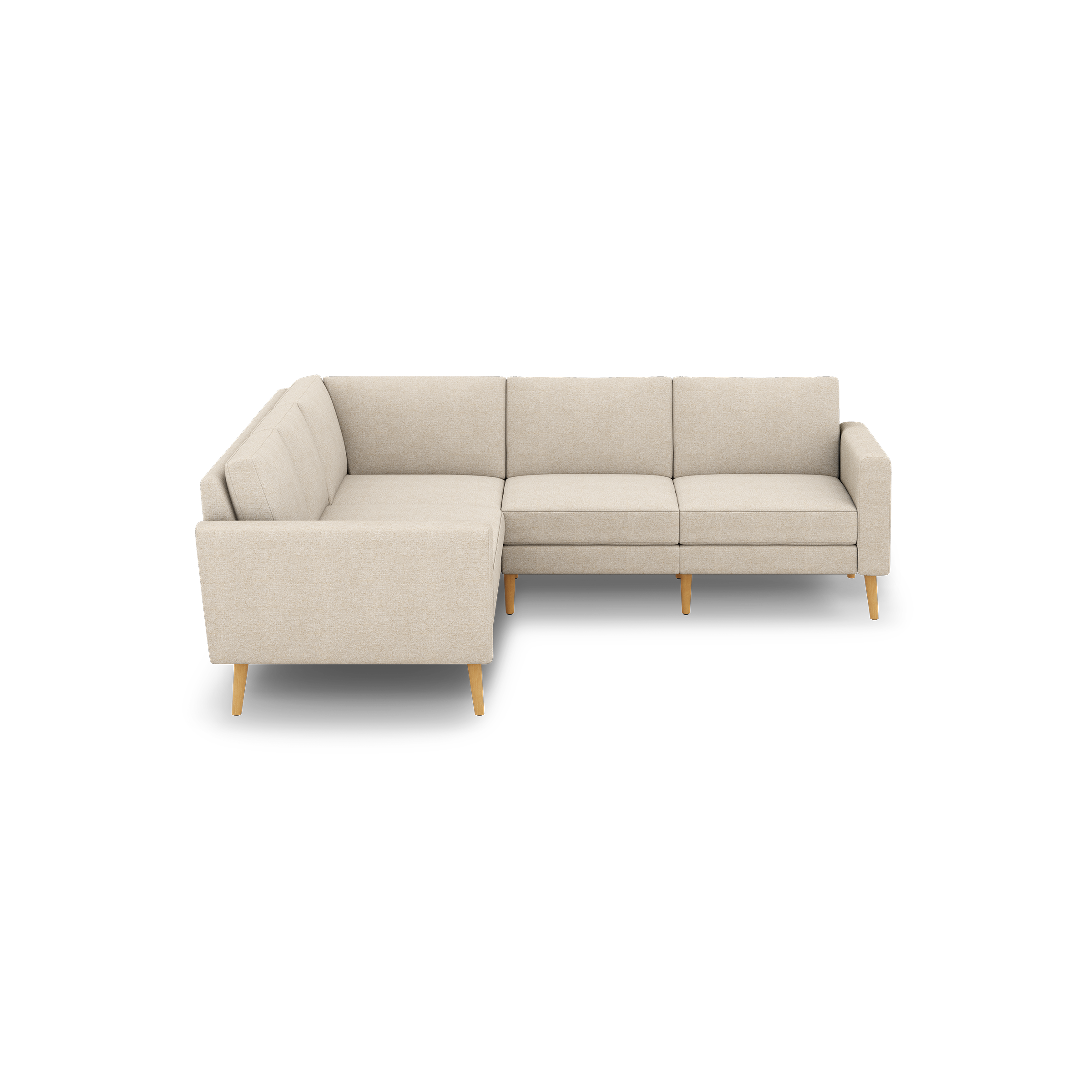 Beige L-shaped sectional sofa with wooden tapered legs, cushioned seats, and straight armrests, showcasing minimalist modern design.