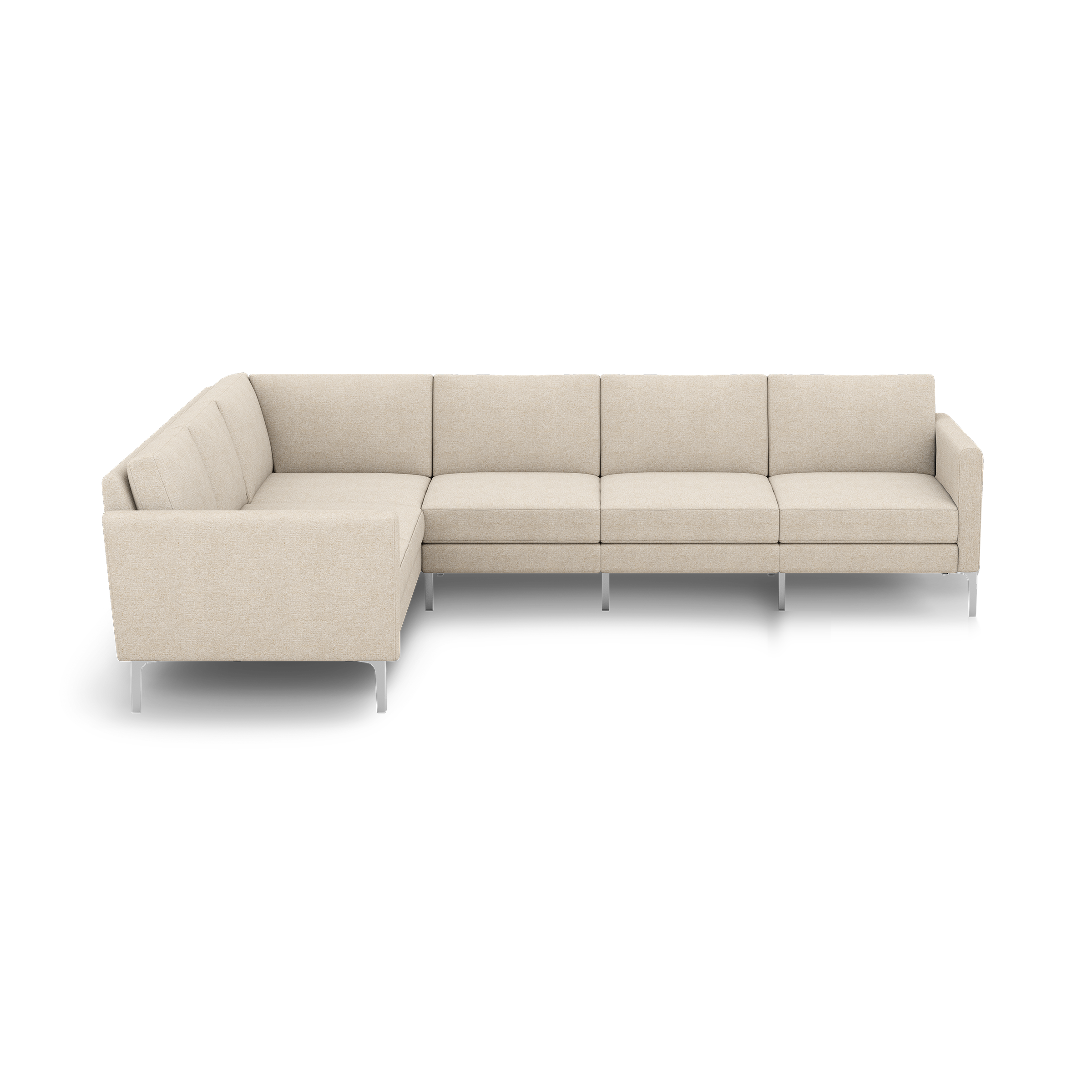 Beige L-shaped sectional sofa with clean lines, metal legs, and a modern minimalist design.