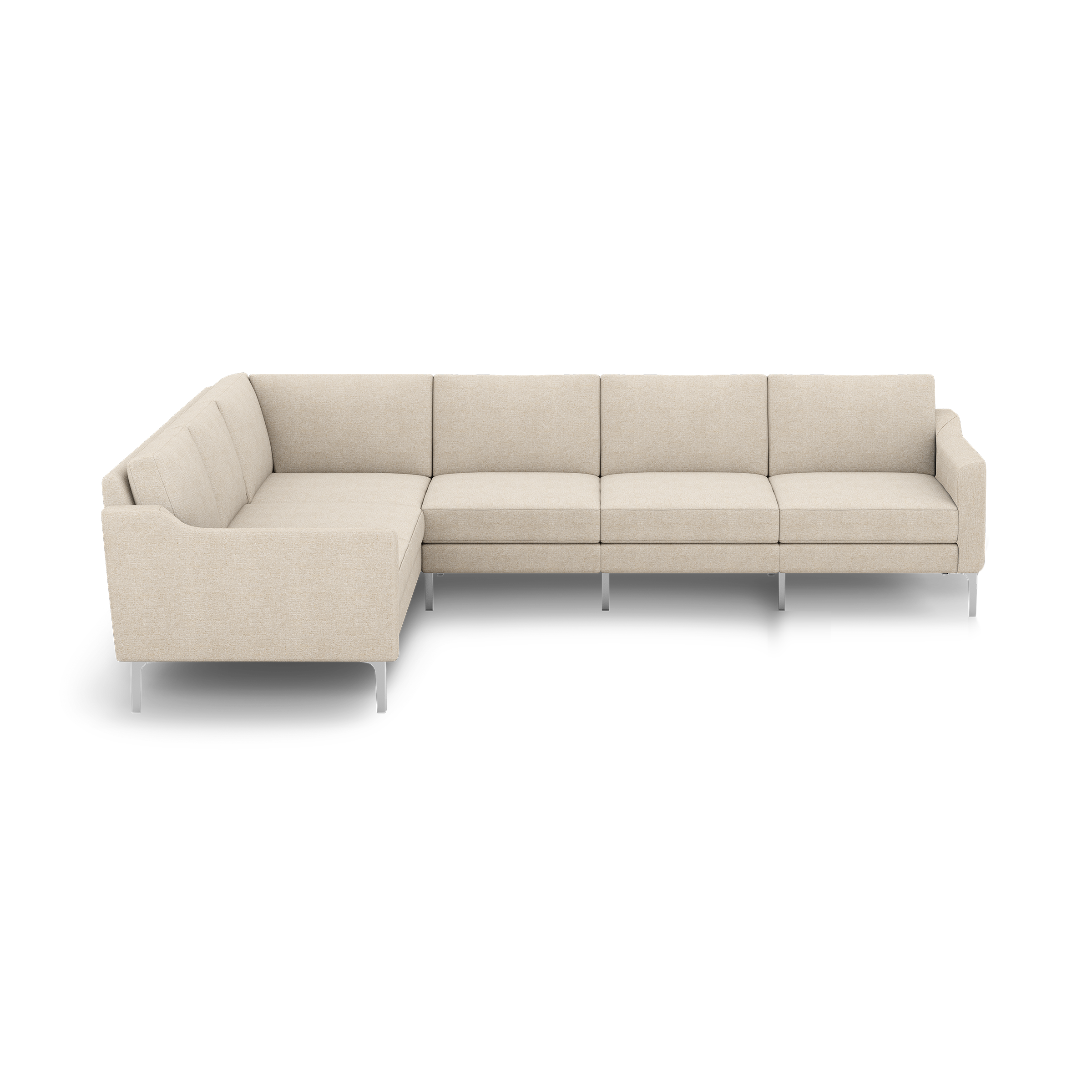 Beige L-shaped sectional sofa with modern design, fabric upholstery, cushioned seats, and metal legs against a black background.