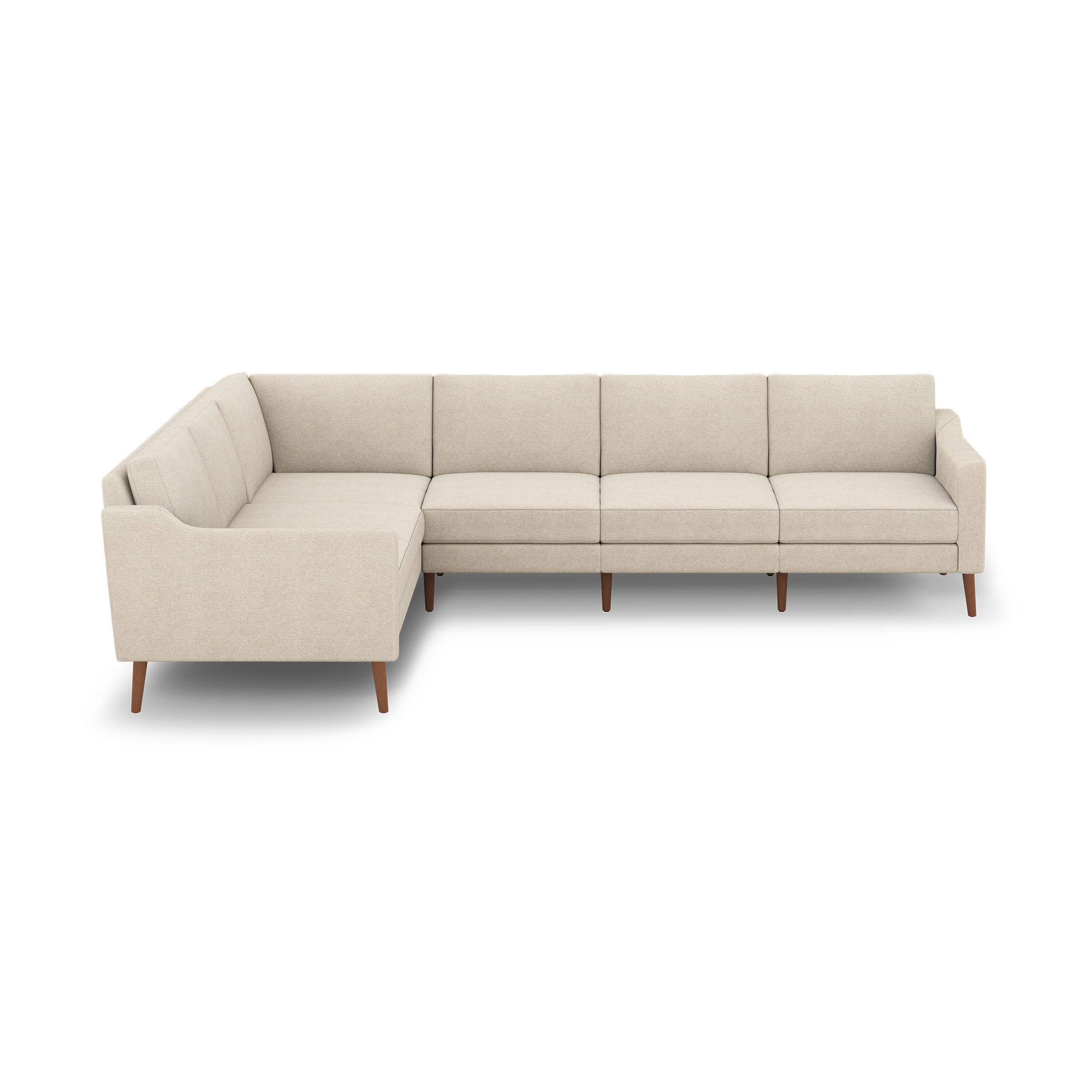 Beige fabric L-shaped sectional sofa with wooden legs, clean modern design, tufted back cushions, and firm armrests.