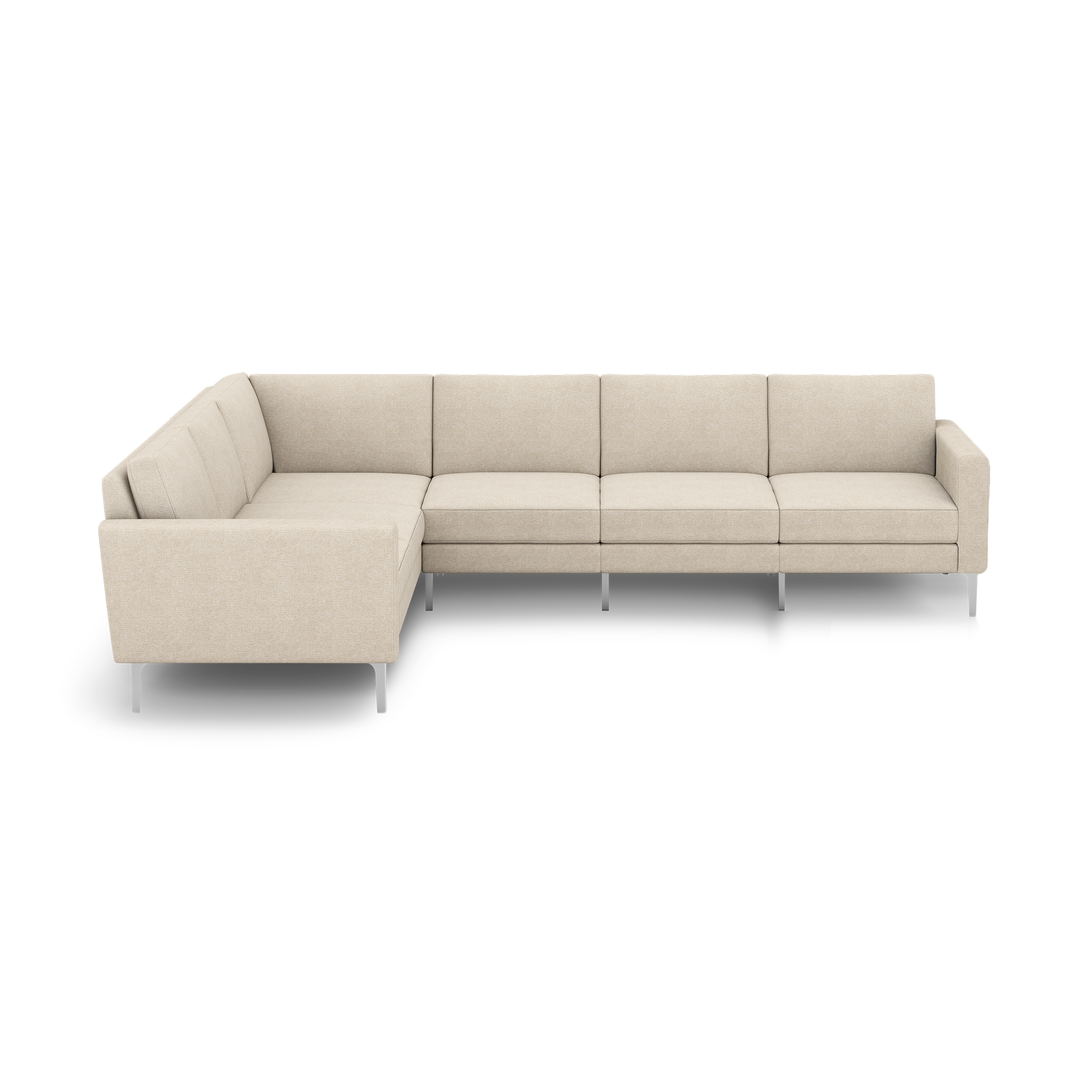 Beige L-shaped sectional sofa with modern design, clean lines, and slim metal legs on a black background.