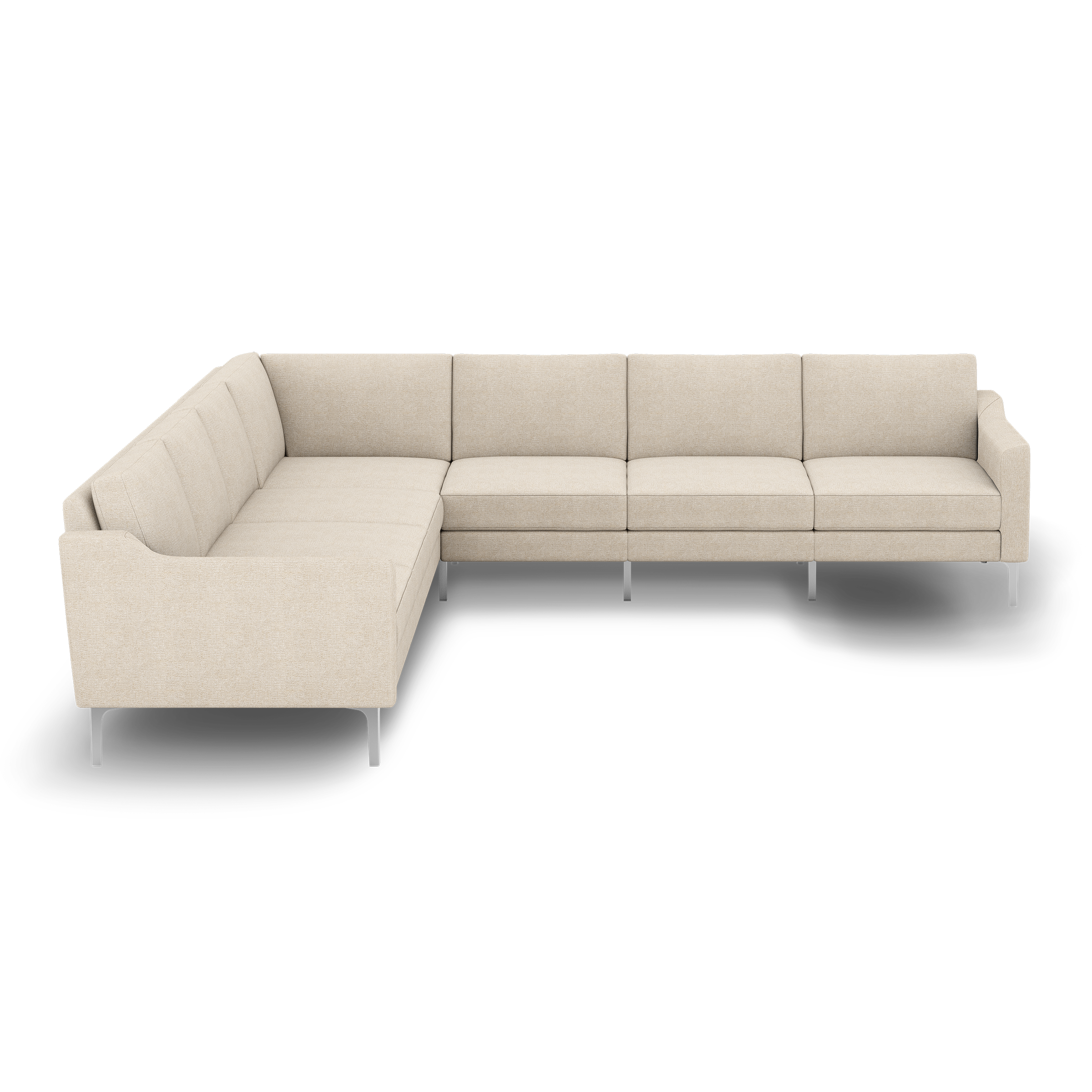 Modern beige fabric sectional sofa with metal legs, featuring clean lines and tufted back cushions for contemporary living spaces.