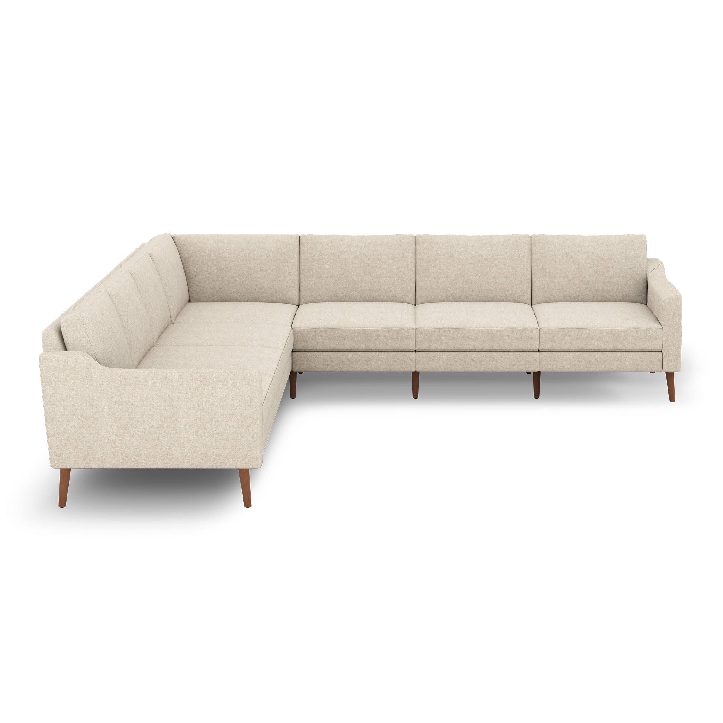 Beige L-shaped sectional sofa with clean lines, tufted cushions, and wooden tapered legs, designed for modern living rooms.