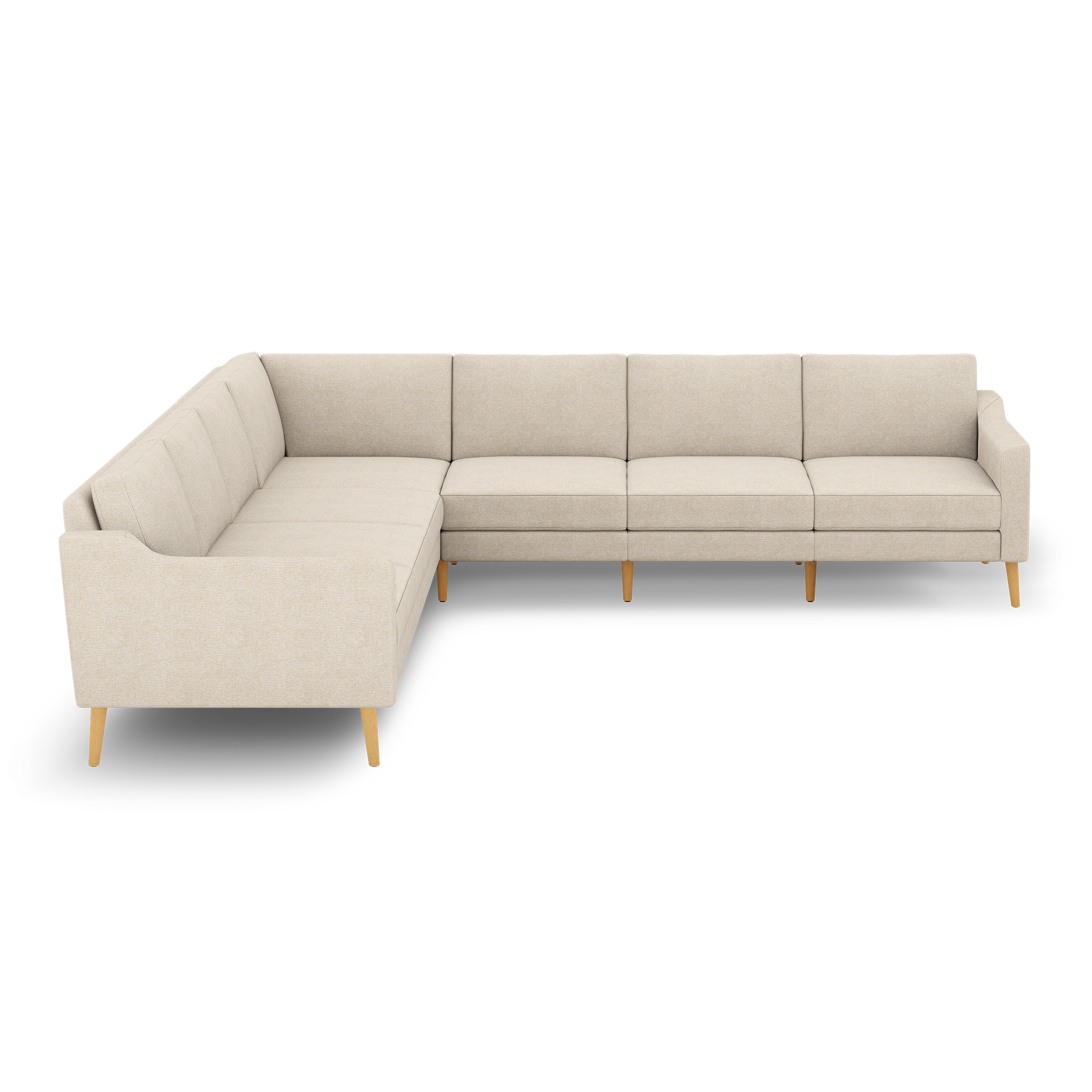 Beige fabric L-shaped sectional sofa with clean lines, wooden legs, and tufted back cushions, offering modern comfort and style.