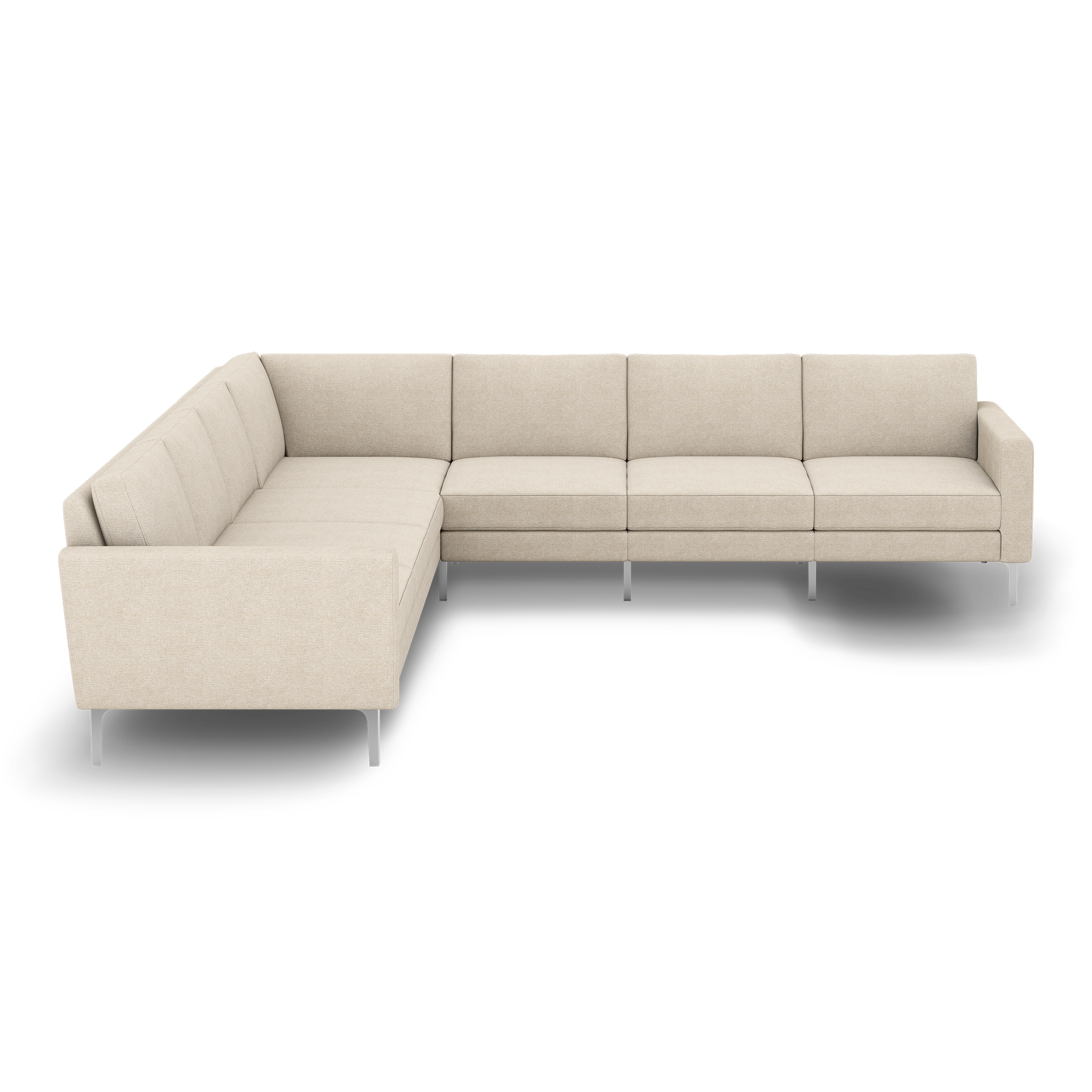 Cream-colored modern sectional sofa with clean lines, metal legs, and tufted cushions arranged in an L-shape.