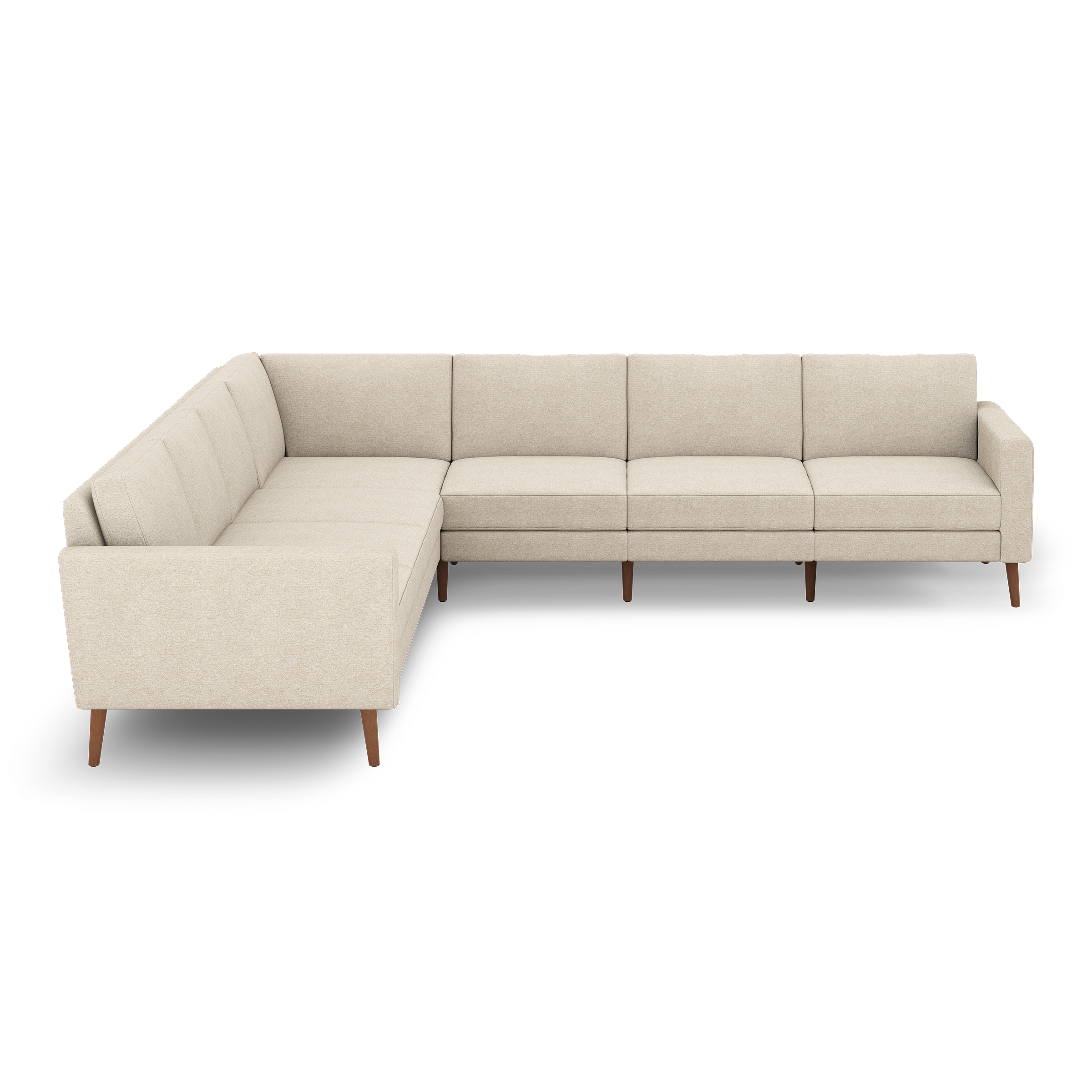 Modern beige fabric sectional sofa with clean lines, tufted back cushions, and wooden tapered legs, designed for spacious corner seating.