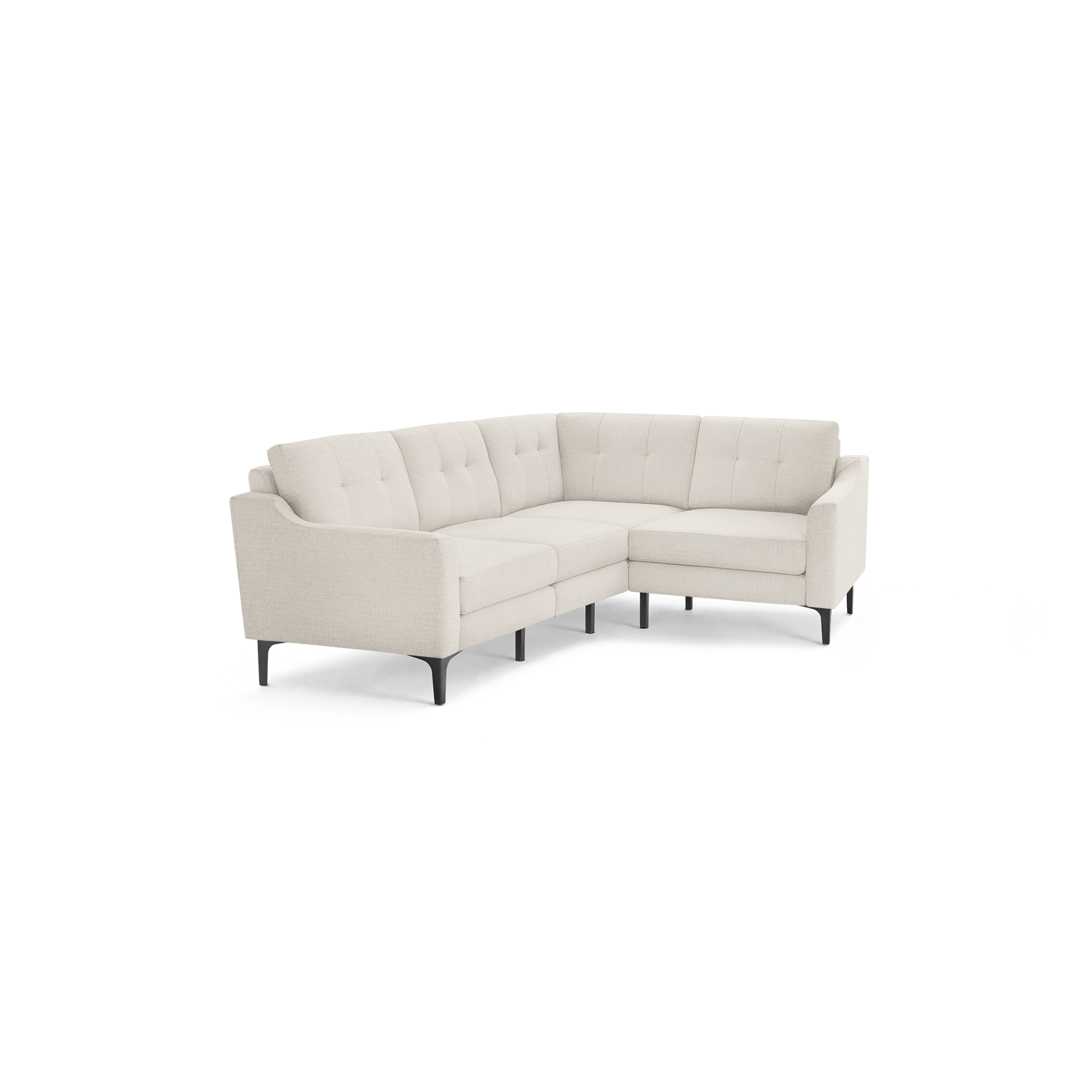Light beige L-shaped sectional sofa with tufted cushions and slim black legs, modern and minimalist design.