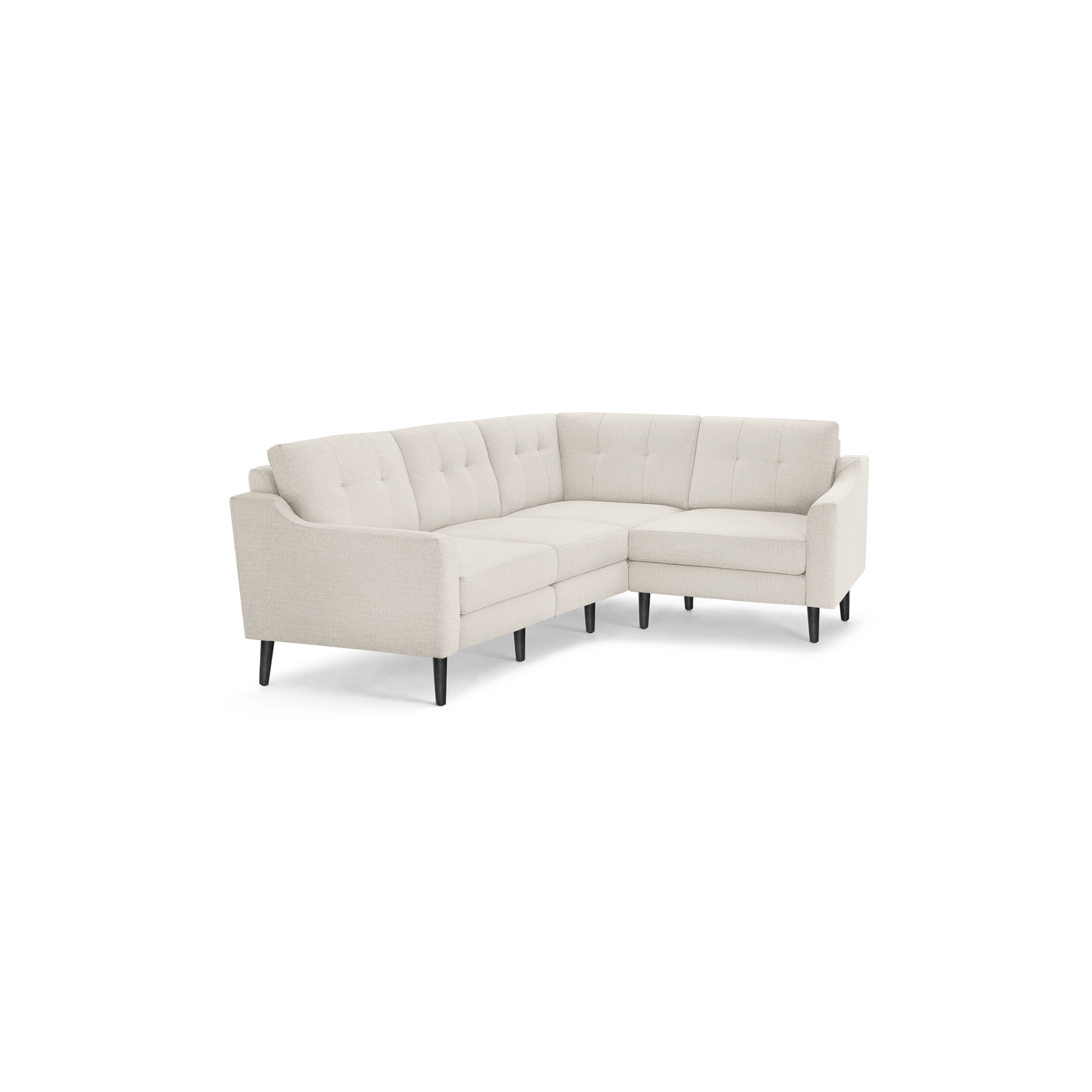 Cream-colored sectional sofa with tufted back cushions, clean lines, and black tapered wooden legs, designed for modern living spaces.