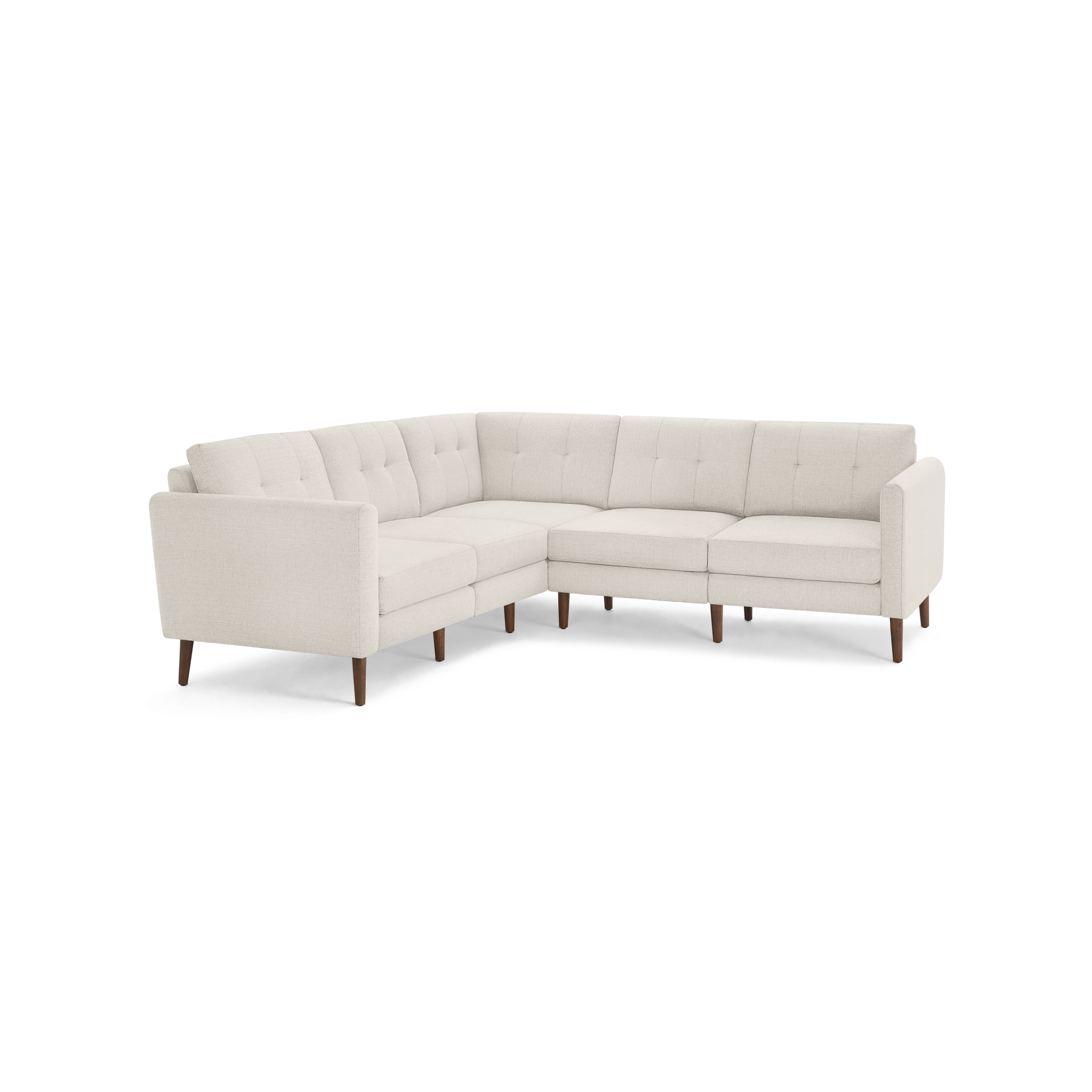Modern L-shaped sectional sofa with beige tufted upholstery and wooden tapered legs, featuring clean lines and comfortable cushions.