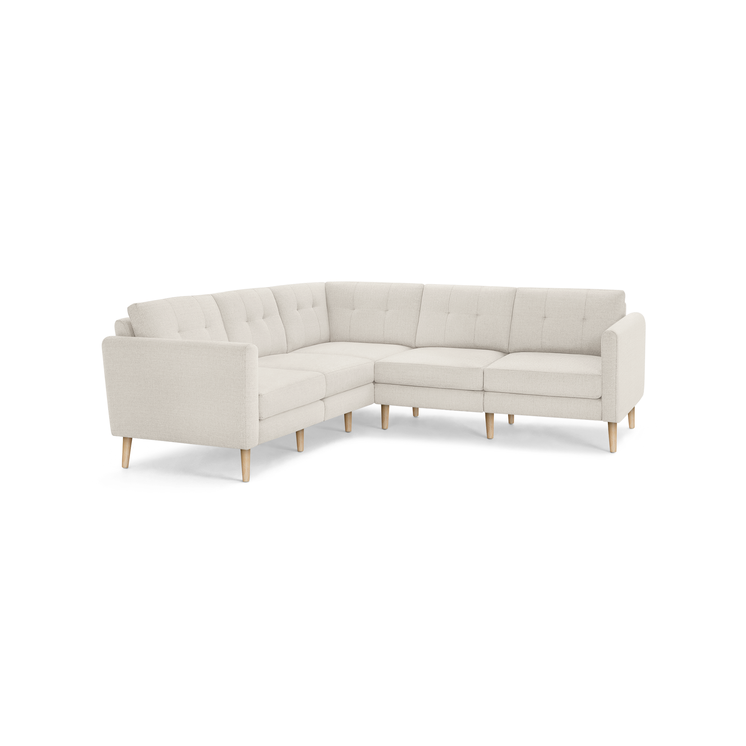 L-shaped beige sectional sofa with tufted back cushions and wooden tapered legs, featuring a clean, modern design.