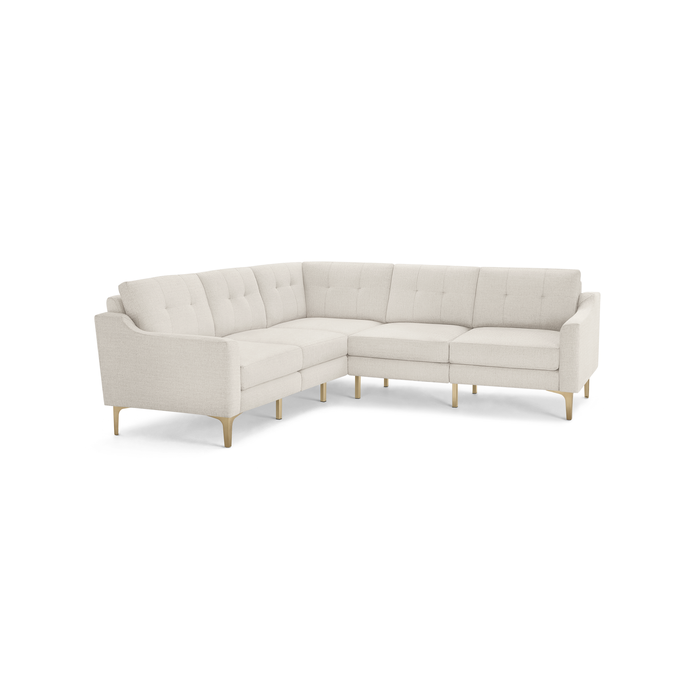 Cream-colored modern sectional sofa with tufted back, wooden legs, and slightly curved armrests, shown on a transparent background.