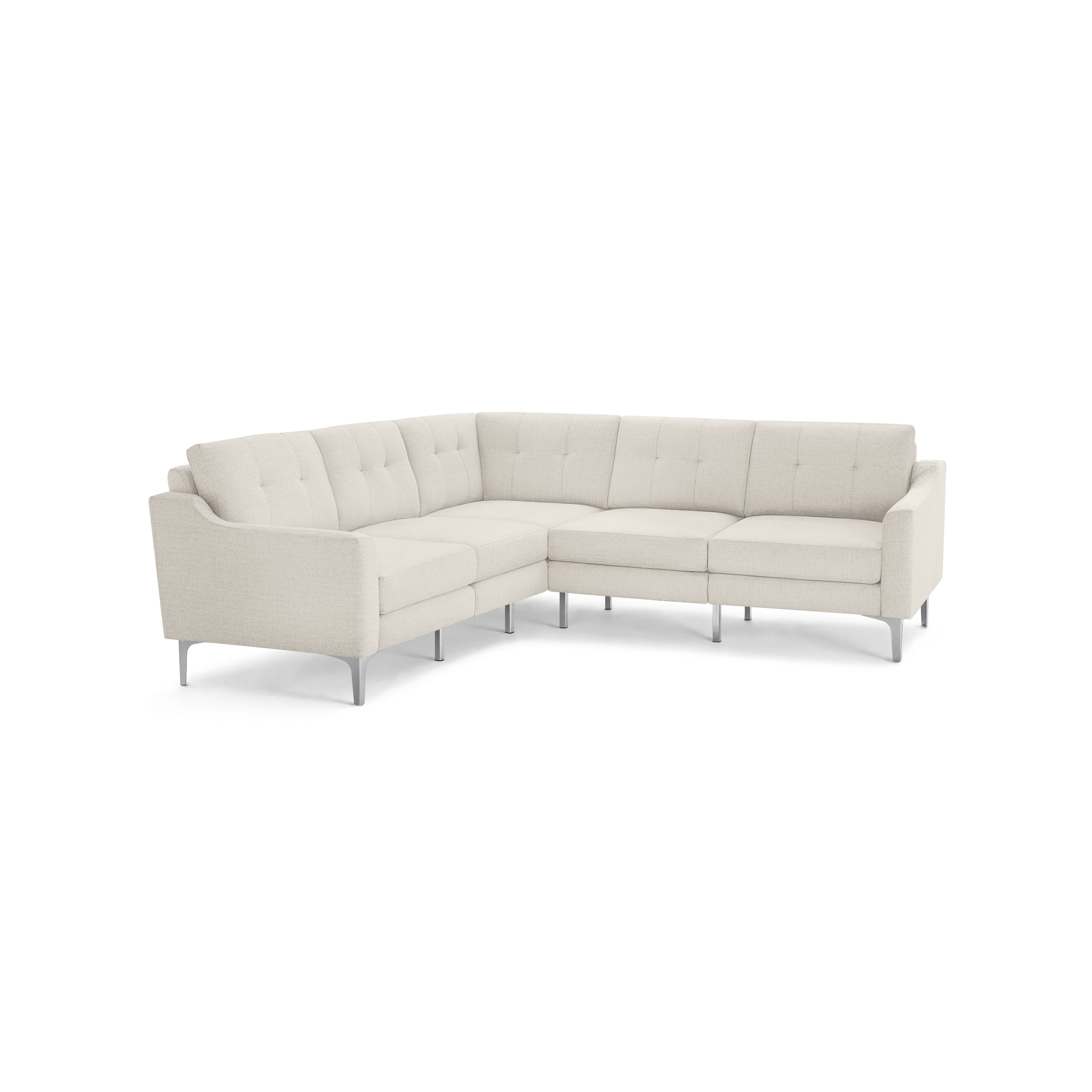 Modern beige L-shaped sectional sofa with tufted cushions and sleek metal legs, designed for spacious, comfortable seating.