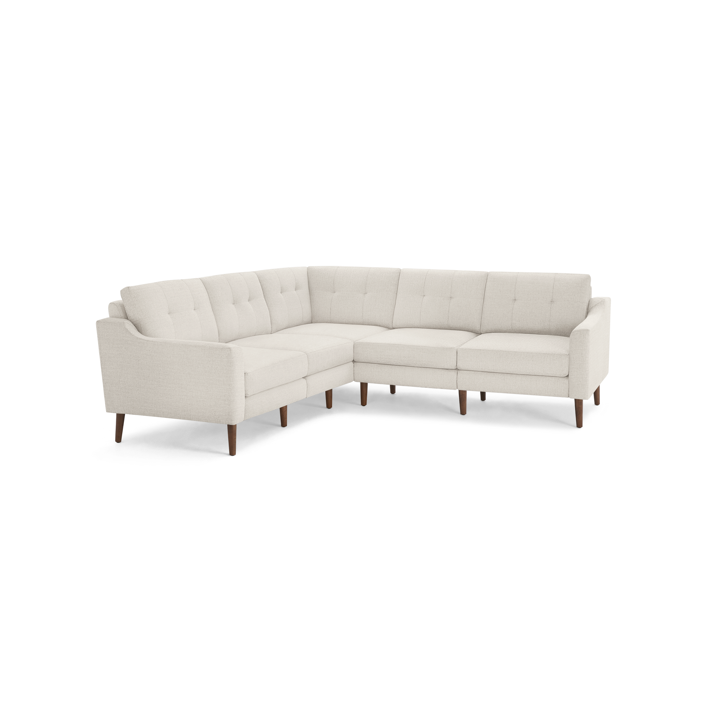 Light beige L-shaped sectional sofa with tufted back cushions and tapered wooden legs, featuring clean mid-century modern design.