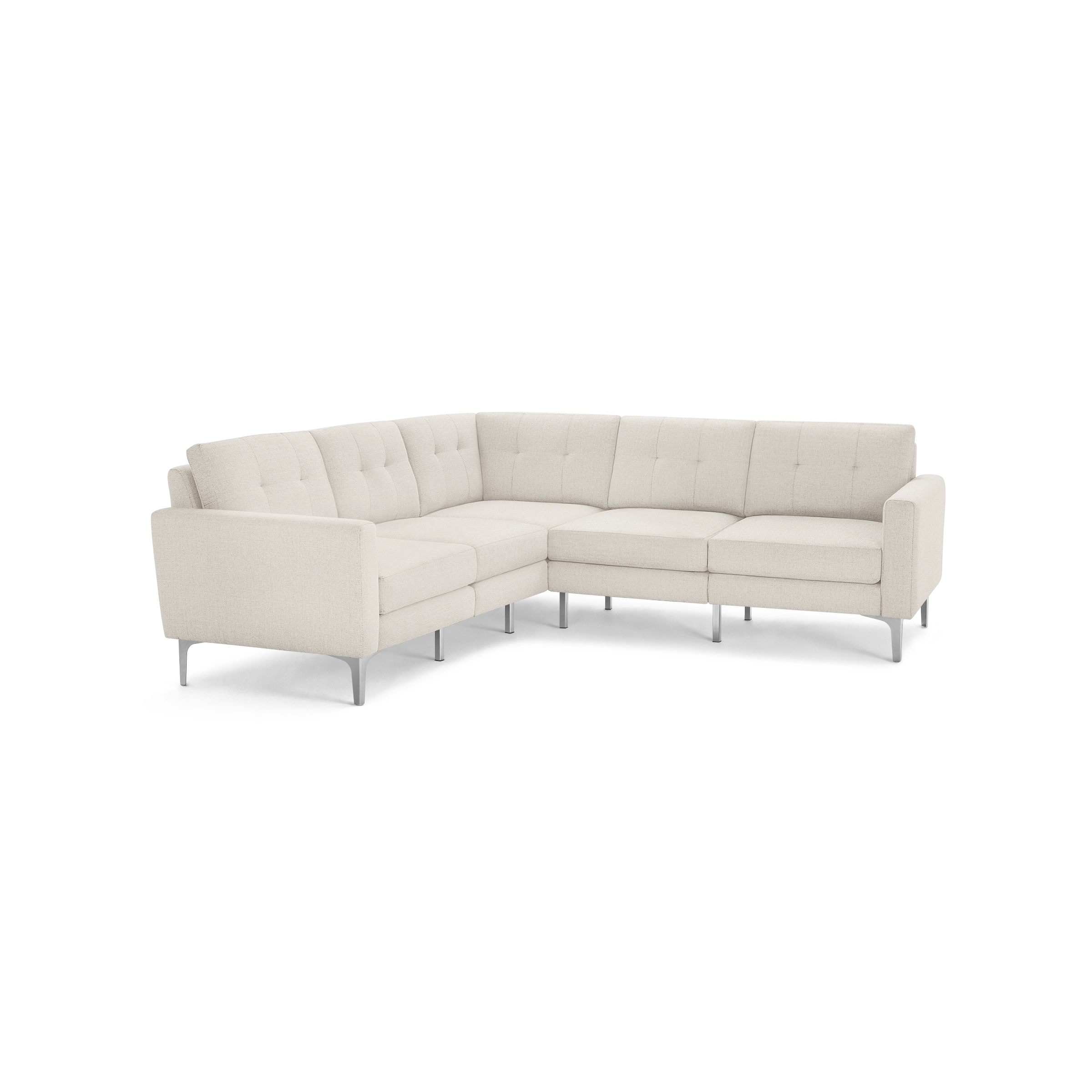 Beige fabric L-shaped sectional sofa with tufted back cushions, slim armrests, and metal legs, designed for modern living rooms.