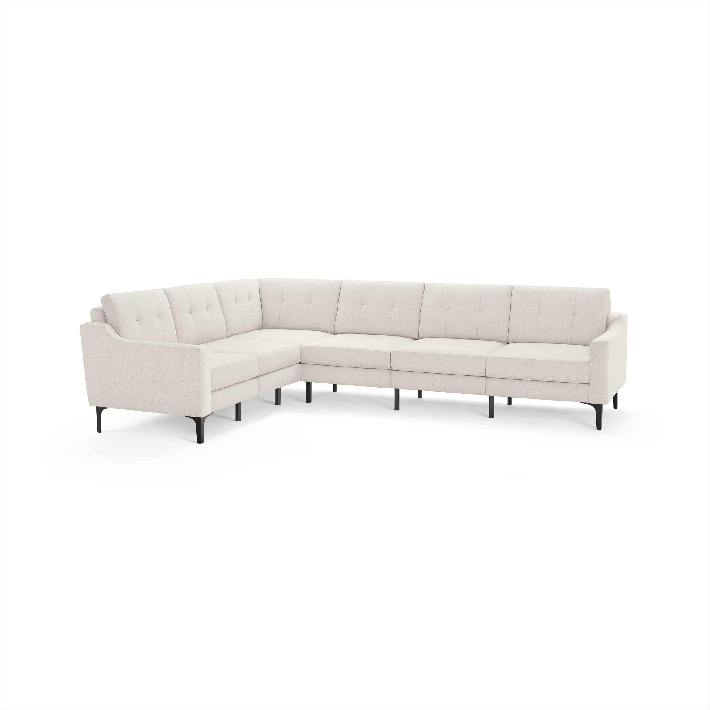 Light beige L-shaped sectional sofa with tufted back cushions and slim black legs, designed for modern living rooms.