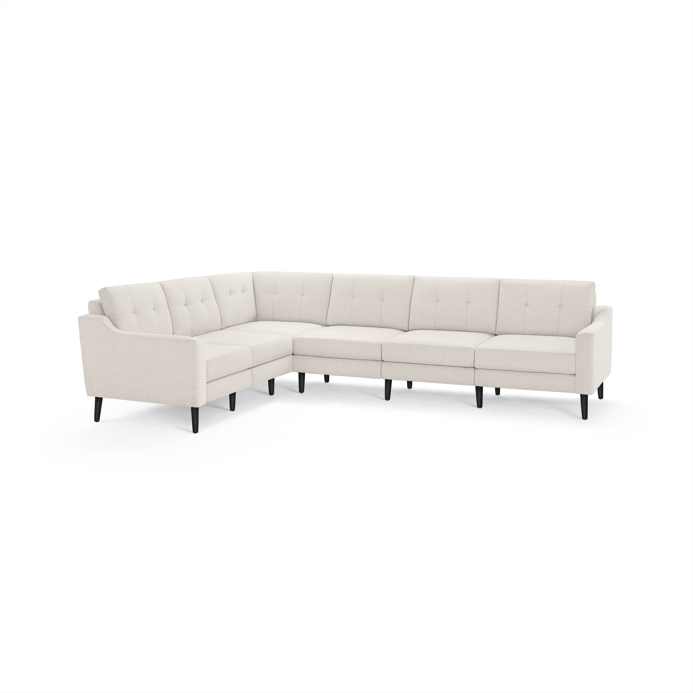 Light beige fabric sectional sofa with tufted back cushions, curved armrests, and black tapered legs.