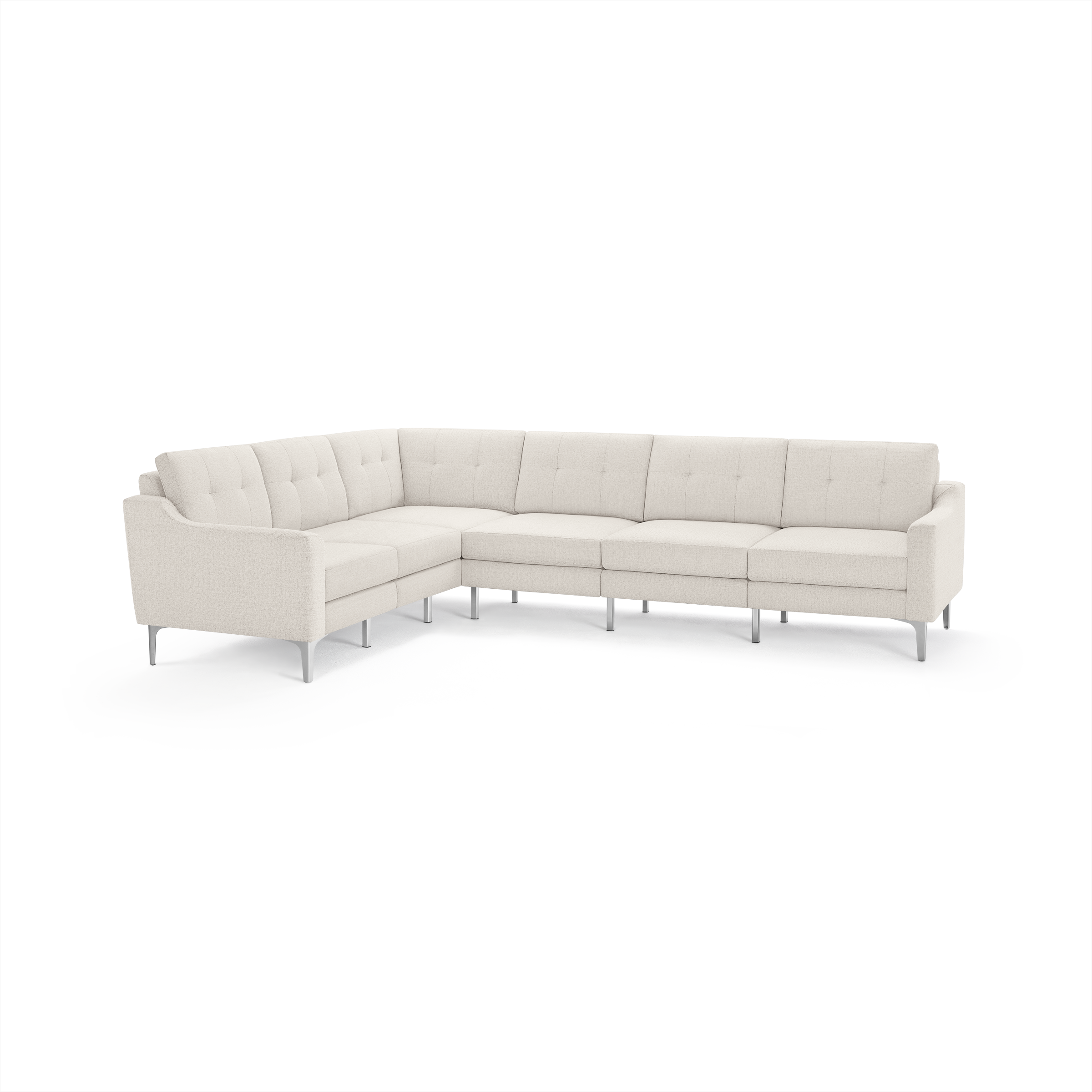 Light beige fabric sectional sofa with tufted back cushions and slim metal legs, designed in an L-shape.