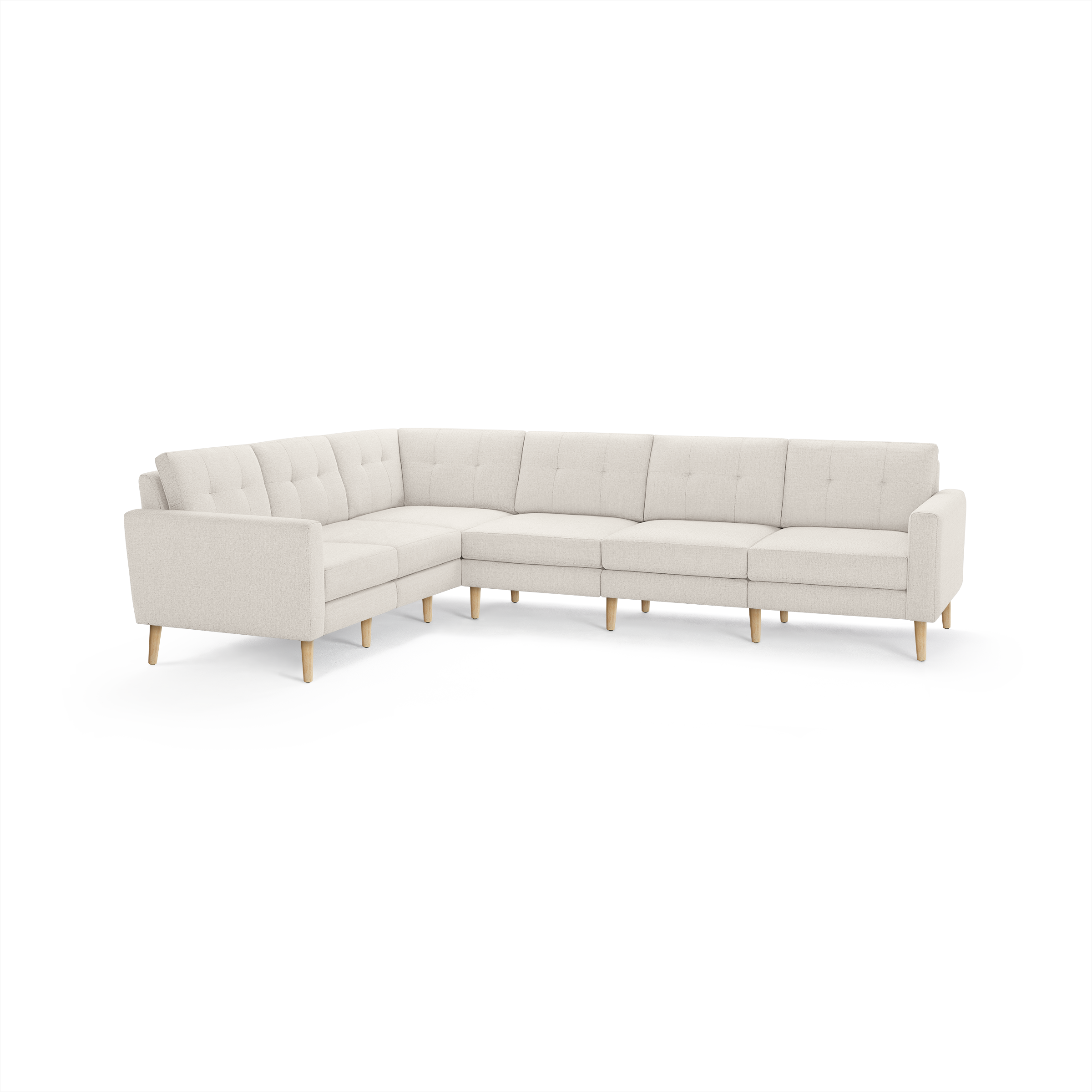 Light beige L-shaped sectional sofa with tufted back cushions and wooden tapered legs, featuring clean modern design.