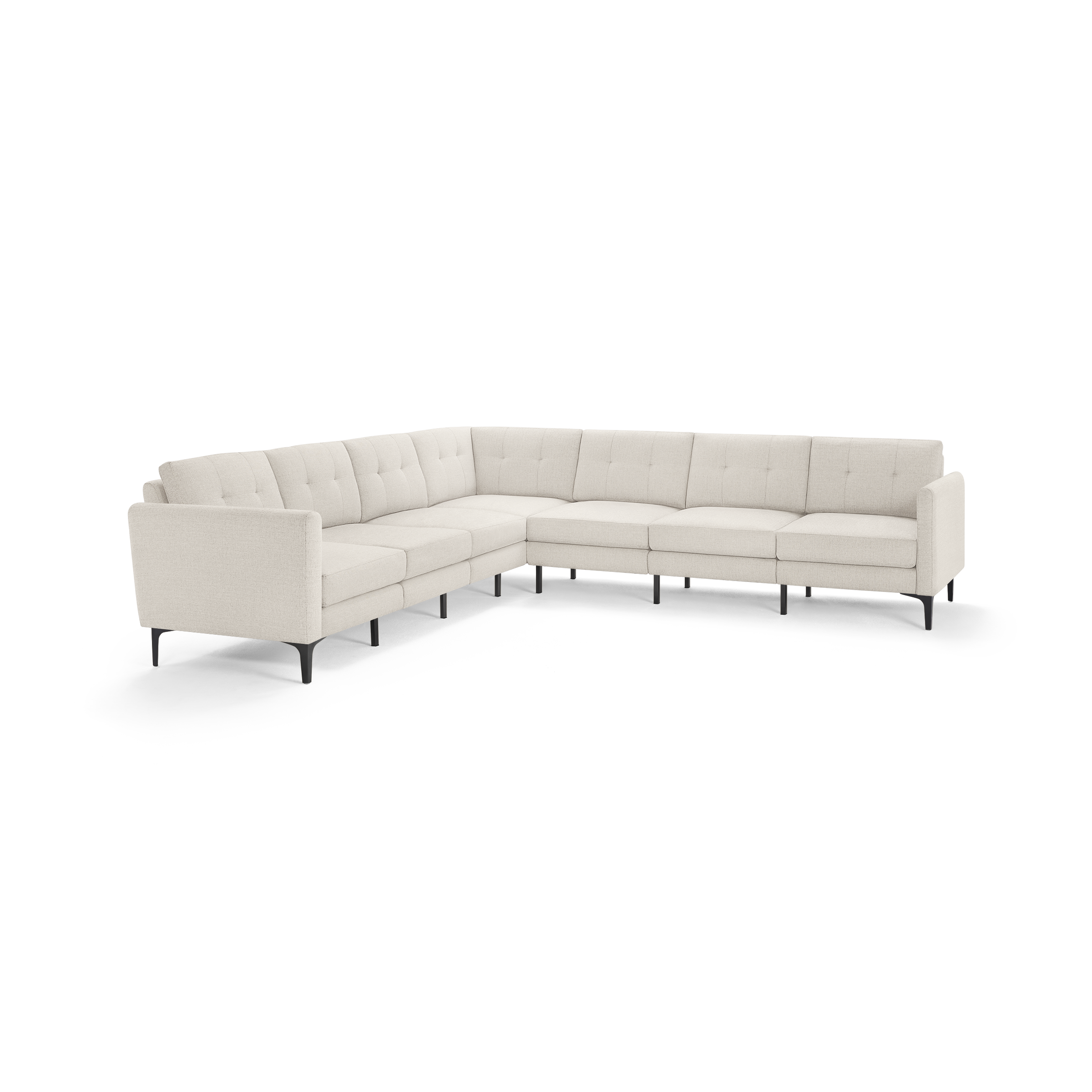 Beige modern L-shaped sectional sofa with tufted cushions, slim armrests, and black metal legs on white background.