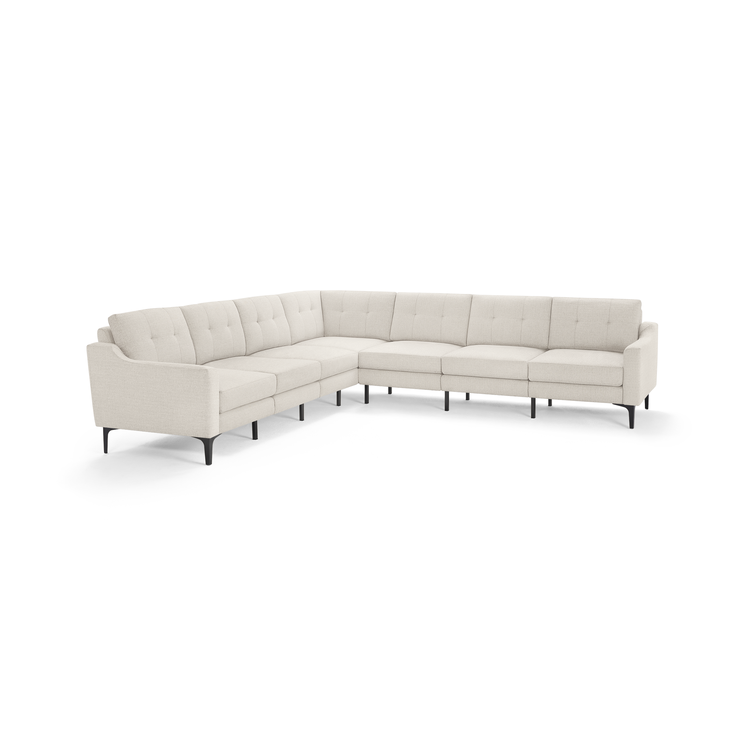 Light beige fabric L-shaped sectional sofa with tufted back cushions and black slim metal legs.