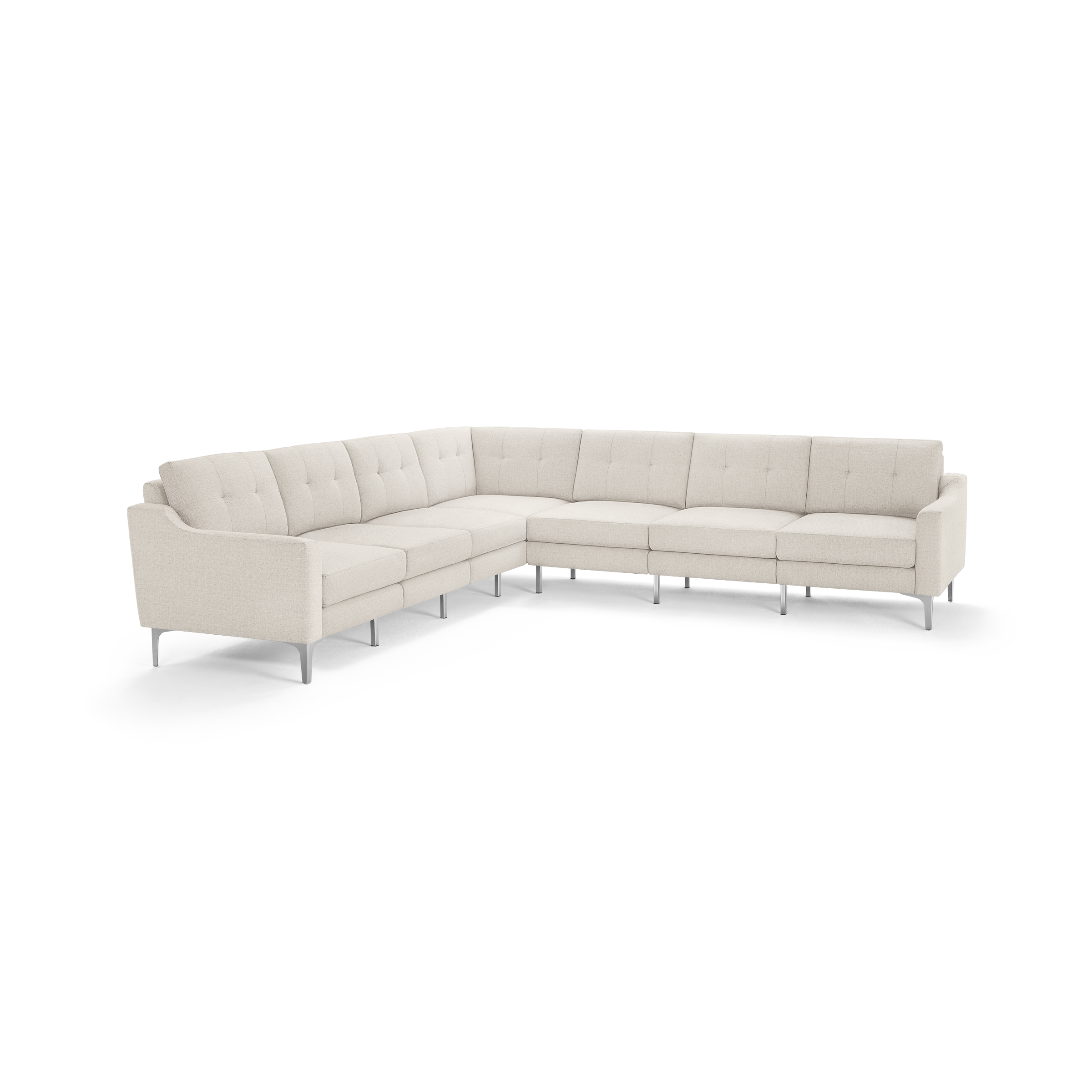 Beige L-shaped sectional sofa with tufted cushions, slim armrests, and metal legs, designed for modern living rooms.
