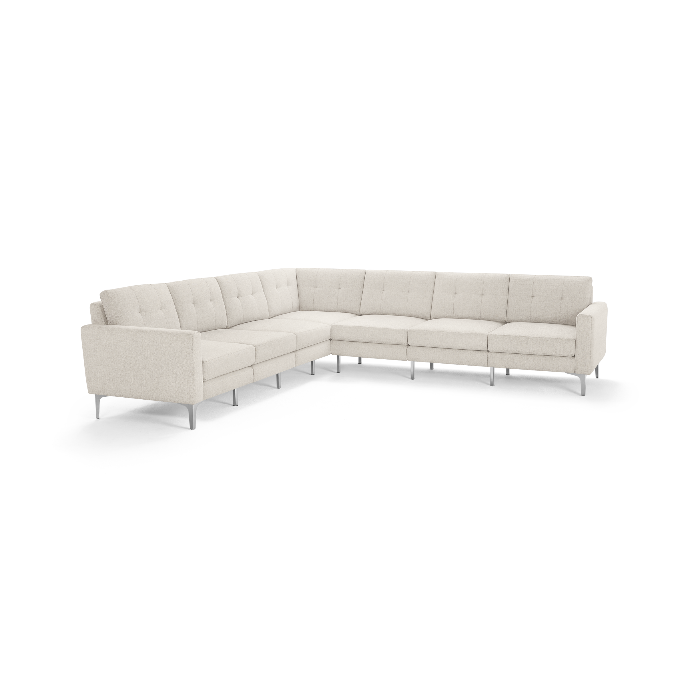 Beige L-shaped sectional sofa with tufted cushions, sleek armrests, and metal legs, designed for modern living rooms.