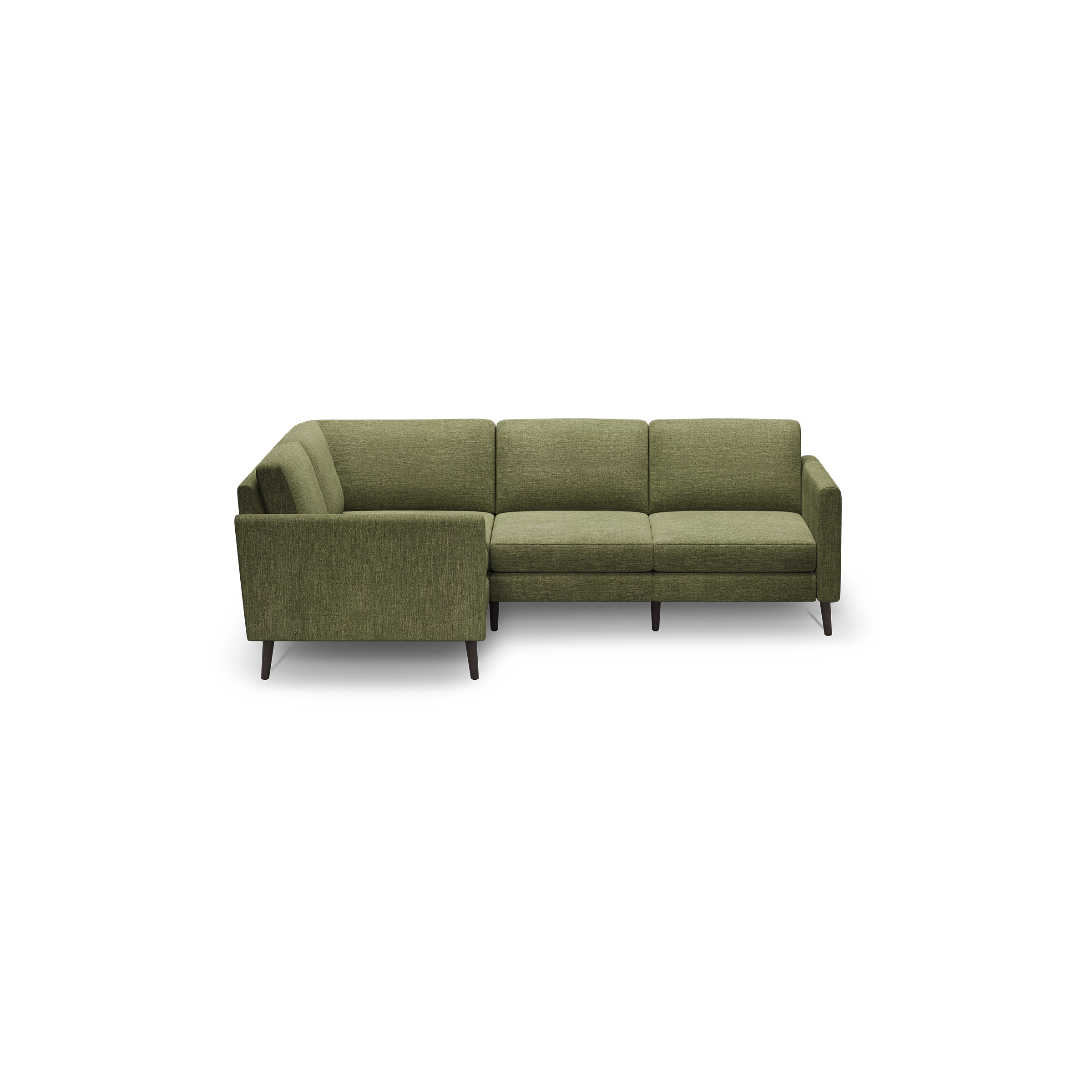 L-shaped sectional sofa upholstered in olive green fabric with cushioned seats and backrests, supported by dark wooden legs.