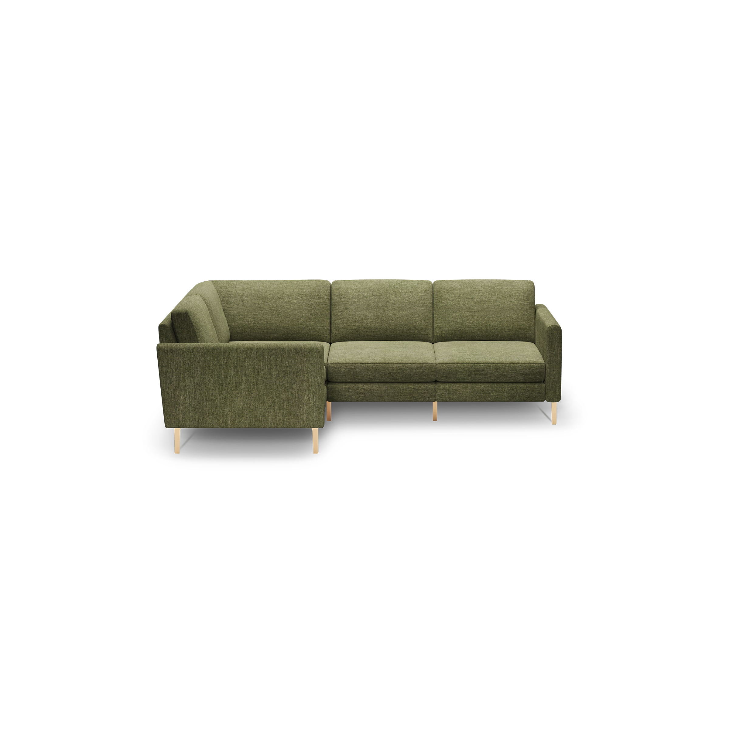 Corner sectional sofa in olive green fabric with clean lines and light wooden legs, designed for modern living rooms.