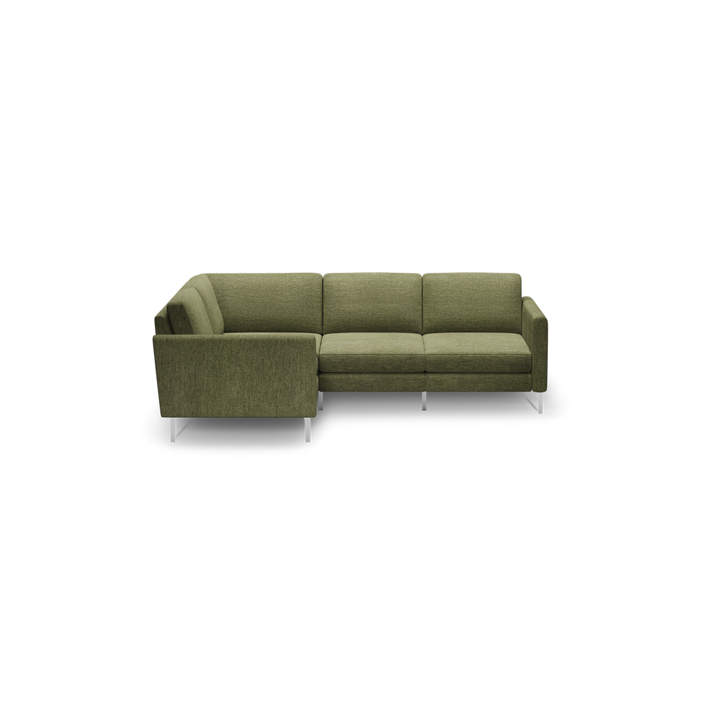 Modern olive green fabric L-shaped sectional sofa with metal legs and cushioned backrests and seats.