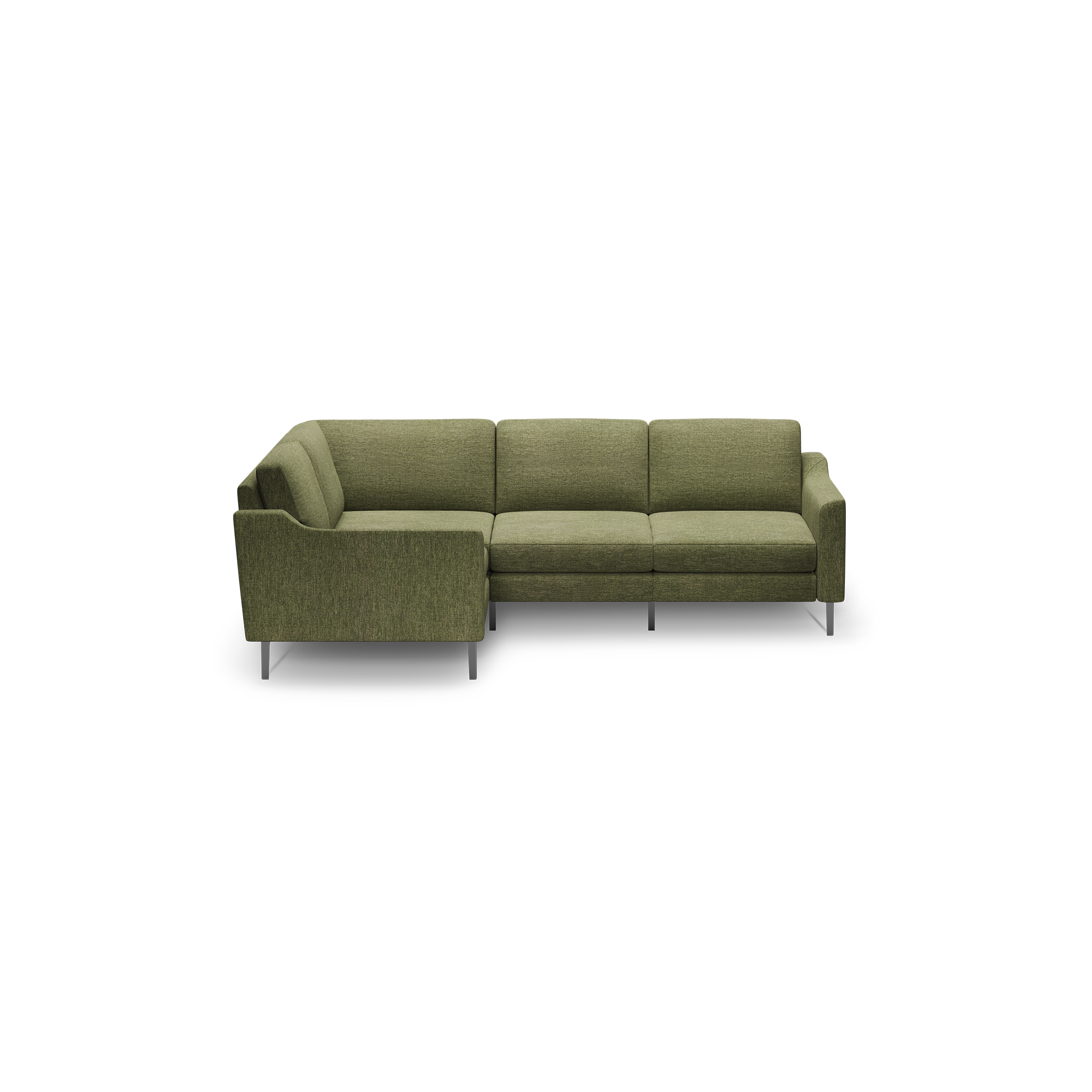Olive green L-shaped sectional sofa with three back cushions, fabric upholstery, and slim metal legs on a black background.