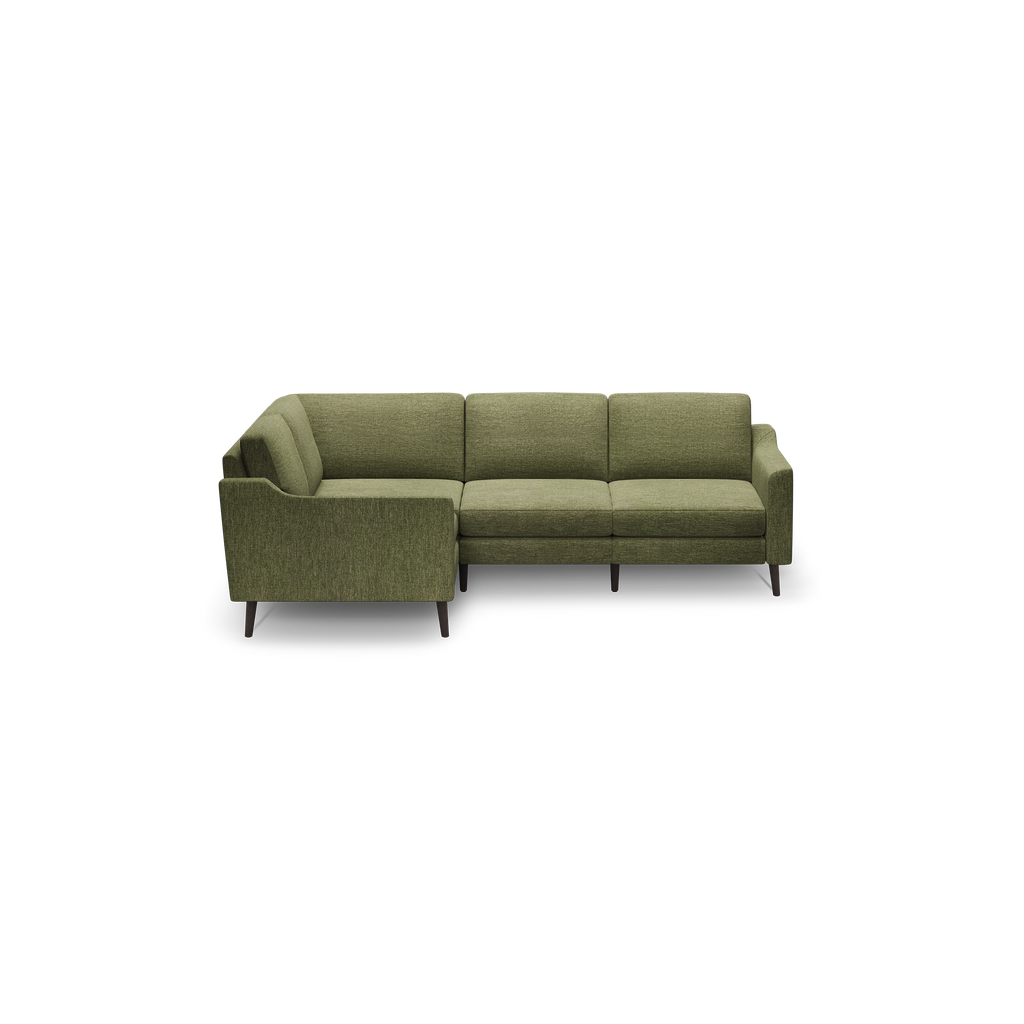 Modern olive green fabric sectional sofa with clean lines, cushioned seats, and angled wooden legs, shown on a black background.
