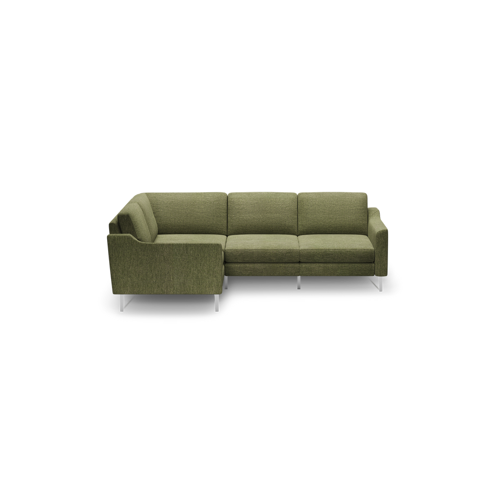 Modern L-shaped sectional sofa with olive green fabric upholstery and slim metal legs, designed for comfortable seating.