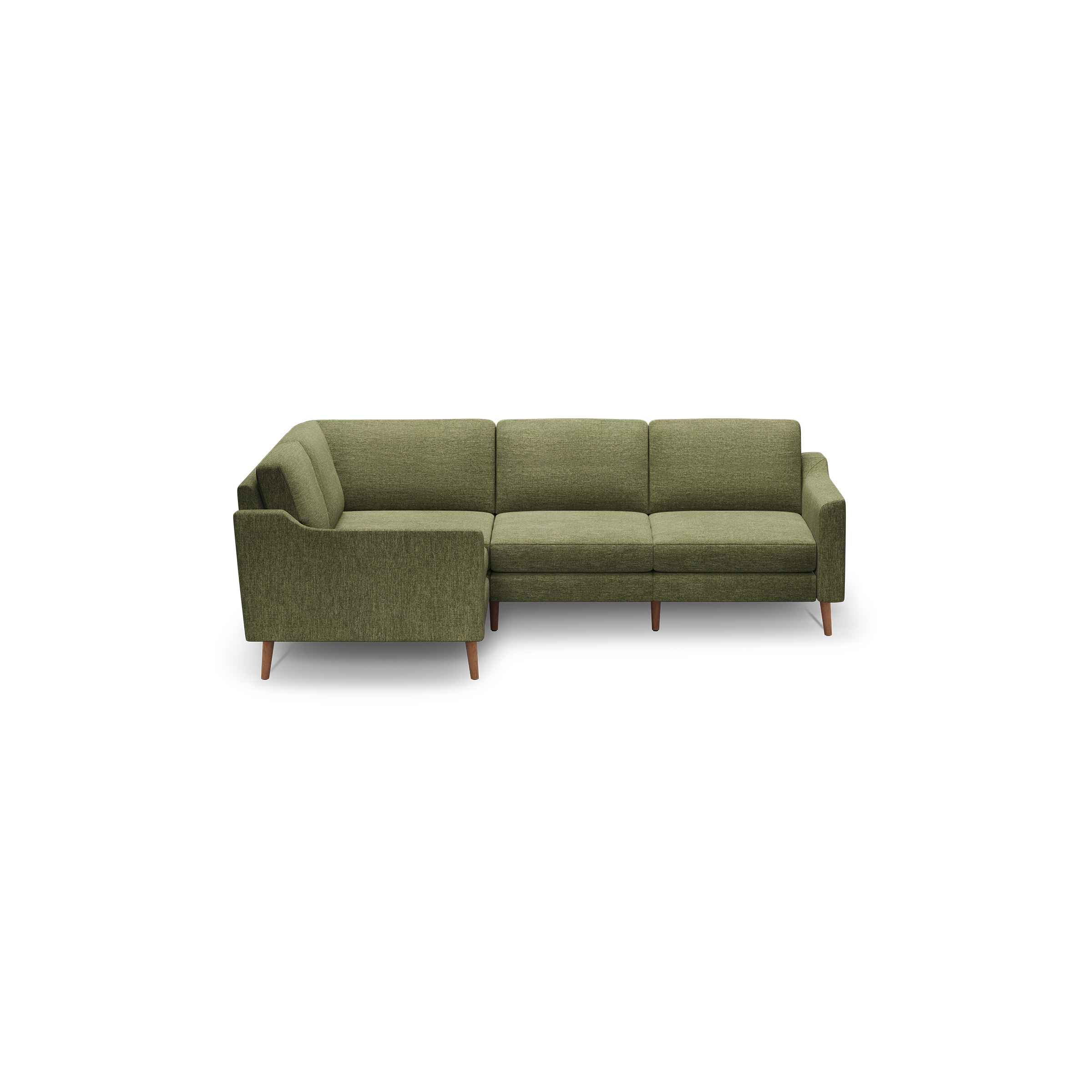 Modern olive green fabric L-shaped sectional sofa with clean lines and wooden tapered legs on black background.