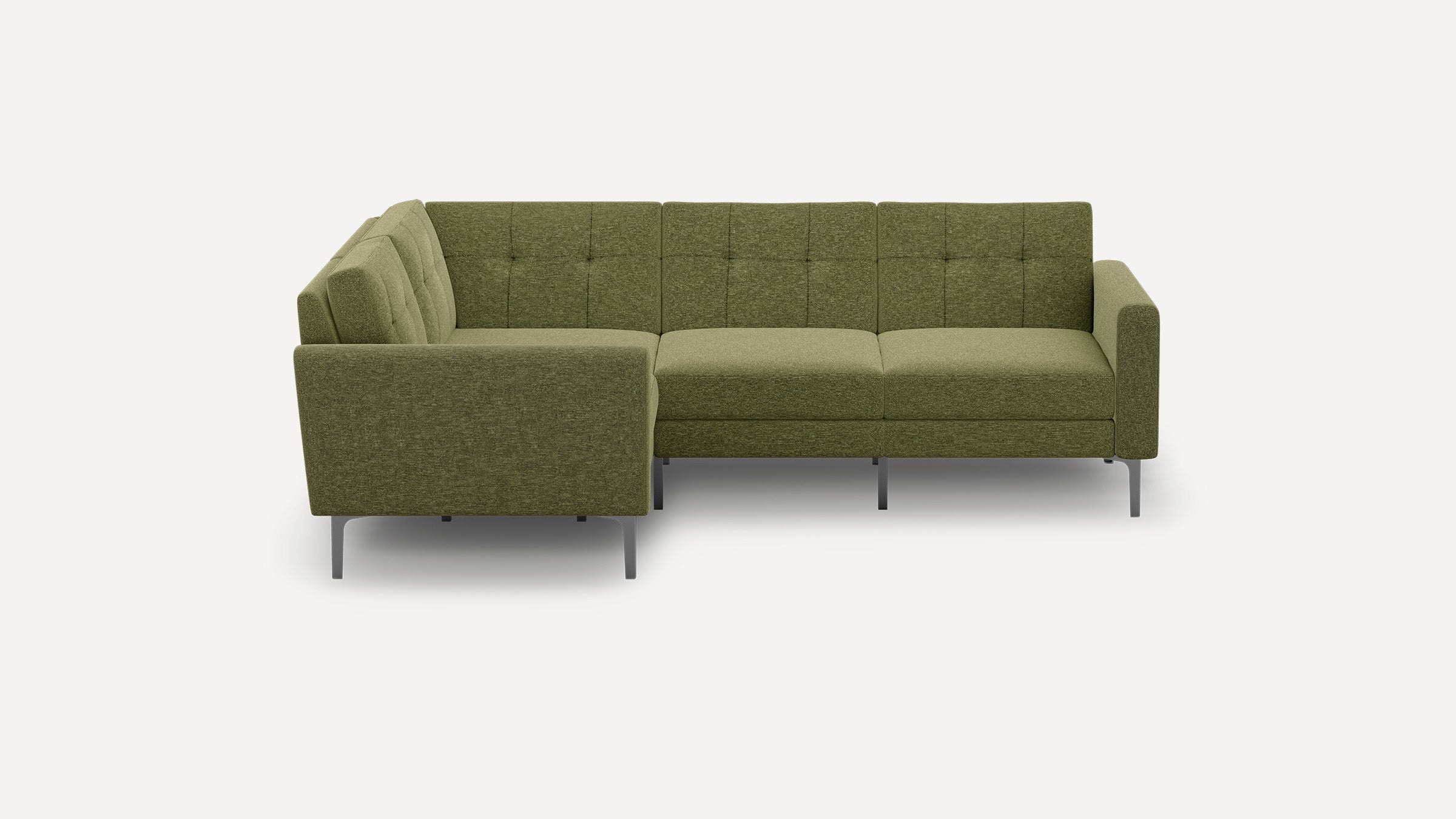 Modern olive green fabric sectional sofa with tufted back cushions, metal legs, and clean, straight arms.