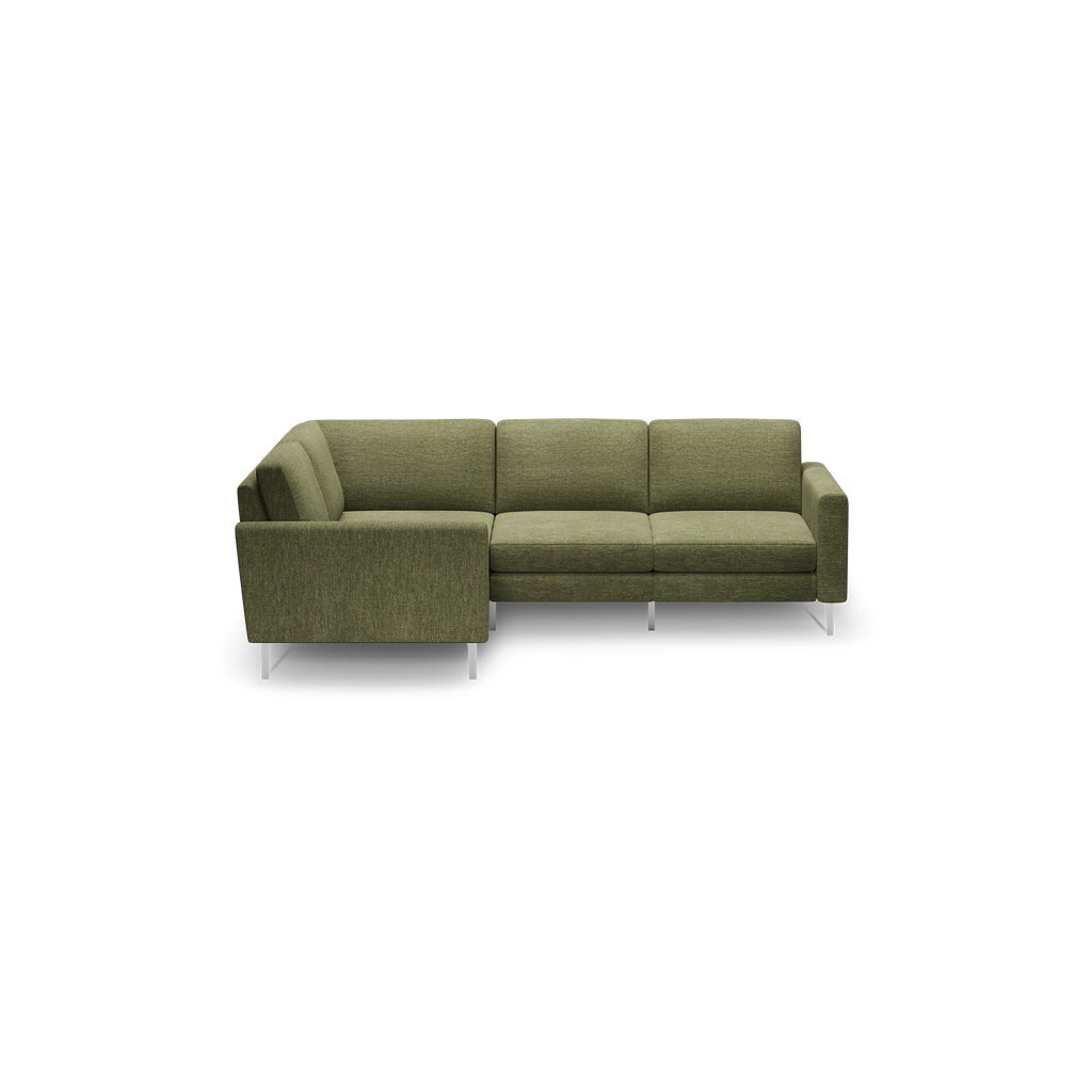 Olive green L-shaped sectional sofa with clean lines, cushioned seats, and metal legs on black background.