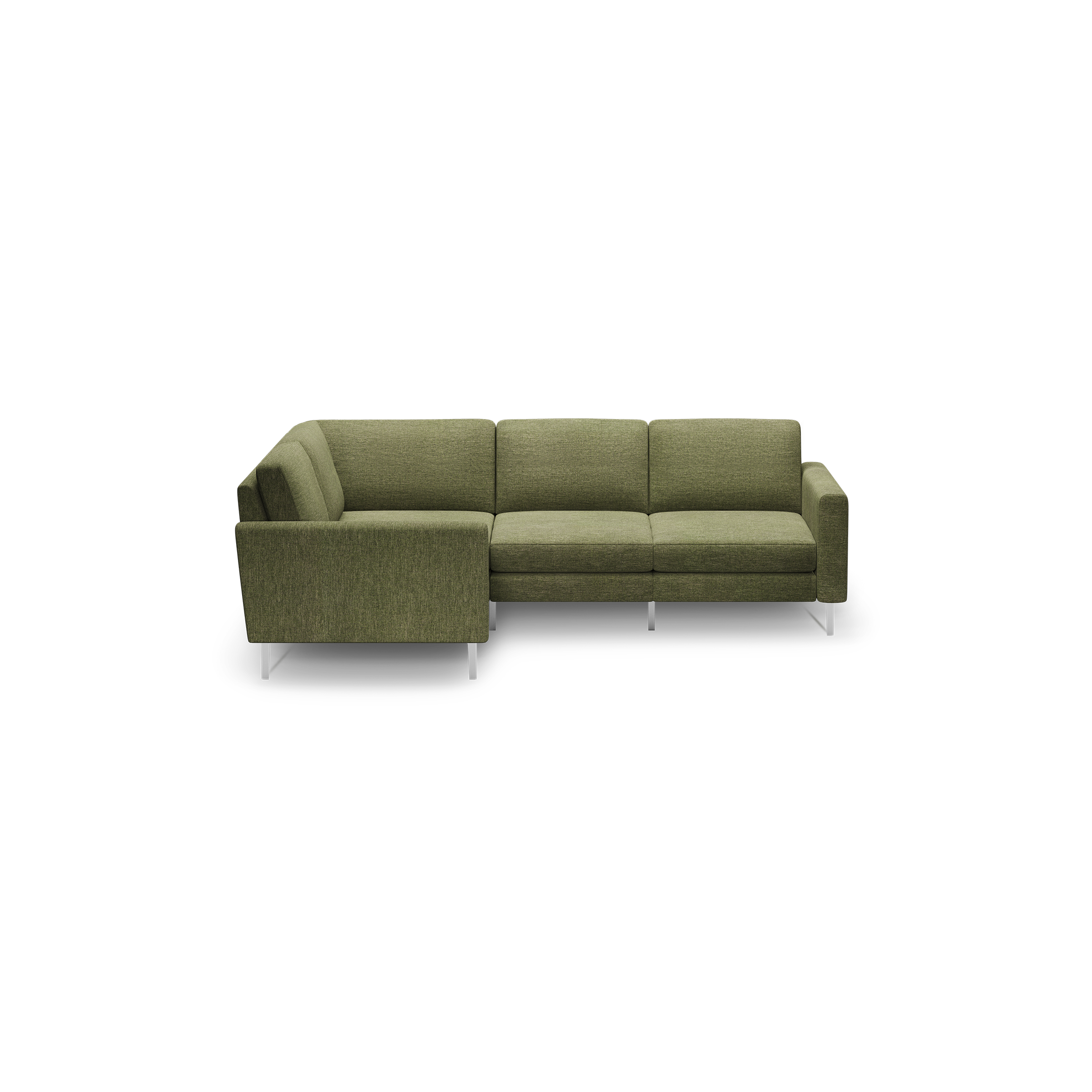 Olive green L-shaped sectional sofa with clean lines, cushioned seats, and metal legs on black background.