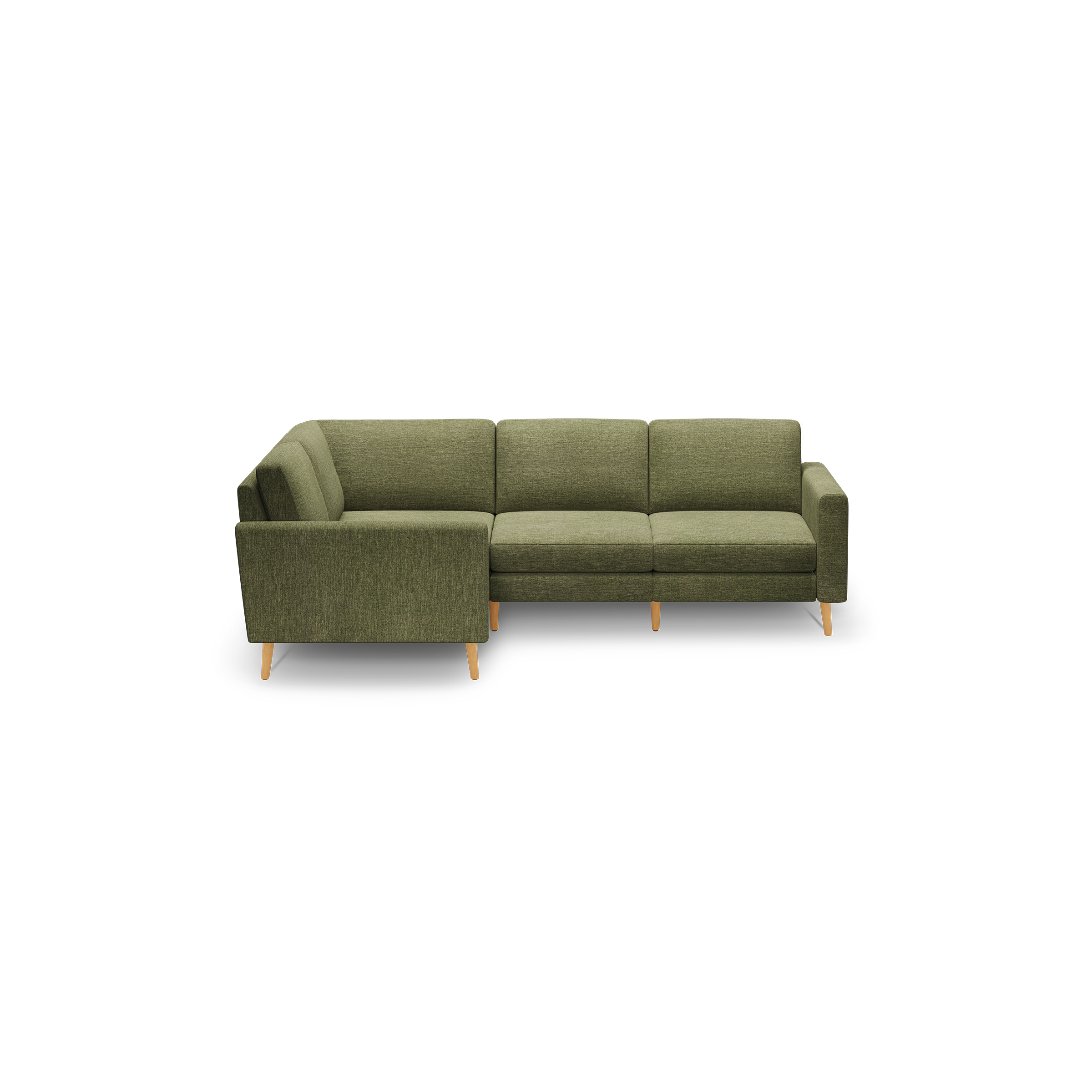 Green fabric L-shaped sectional sofa with wooden legs, featuring three seat cushions and padded armrests on both ends.