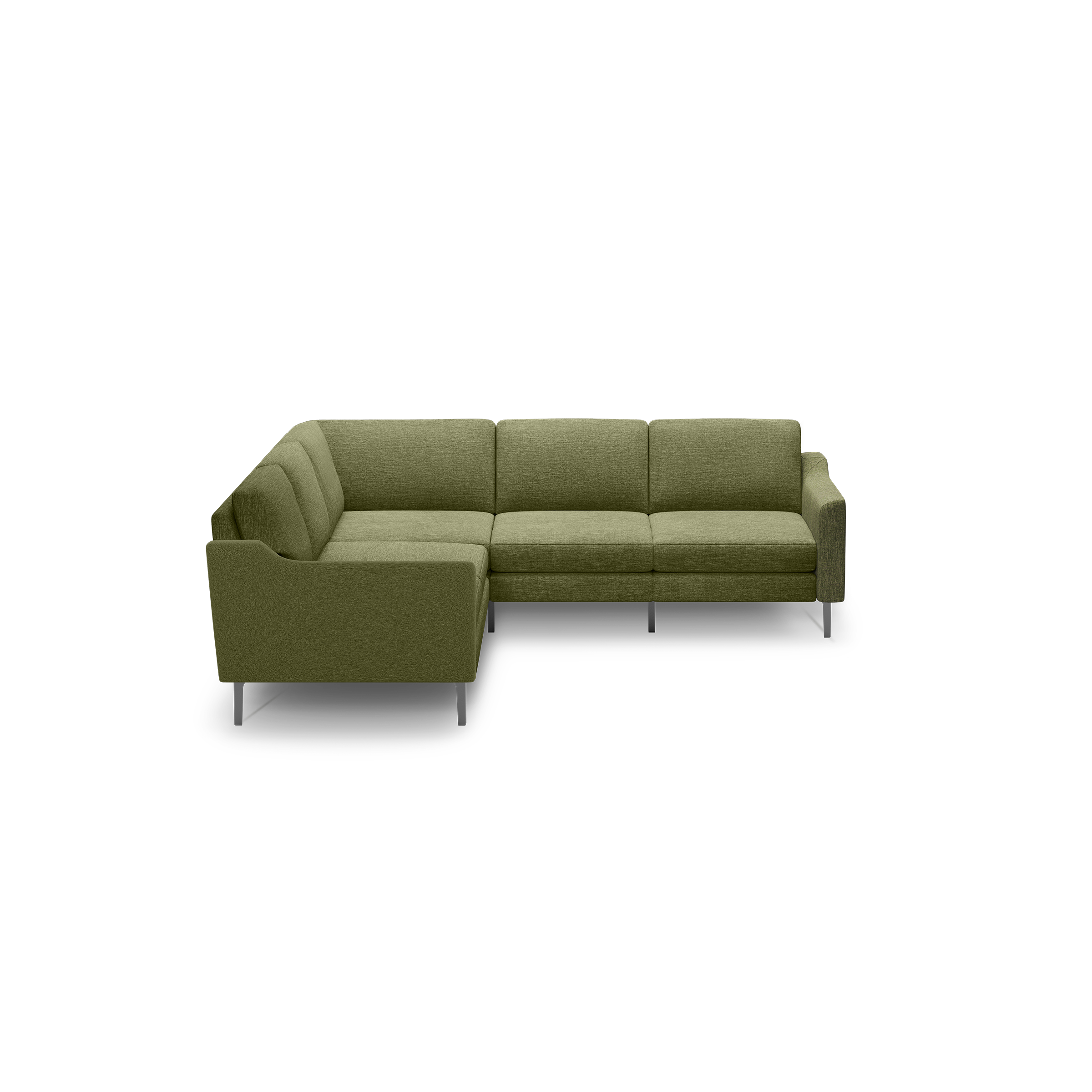 Corner sectional sofa in olive green fabric with clean lines, padded cushions, and metal legs.