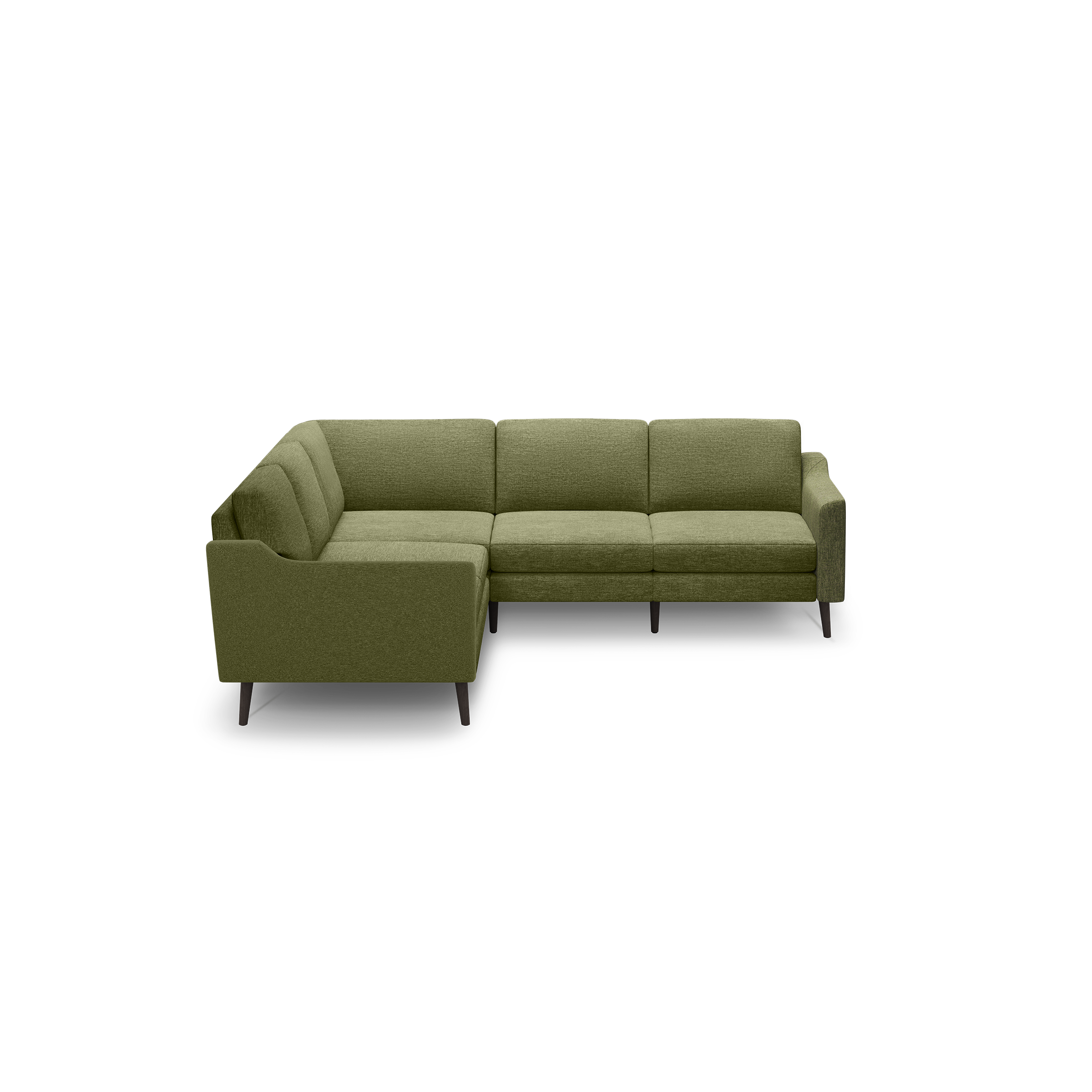 Olive green L-shaped sectional sofa with fabric upholstery, tufted cushions, straight arms, and dark wooden legs.