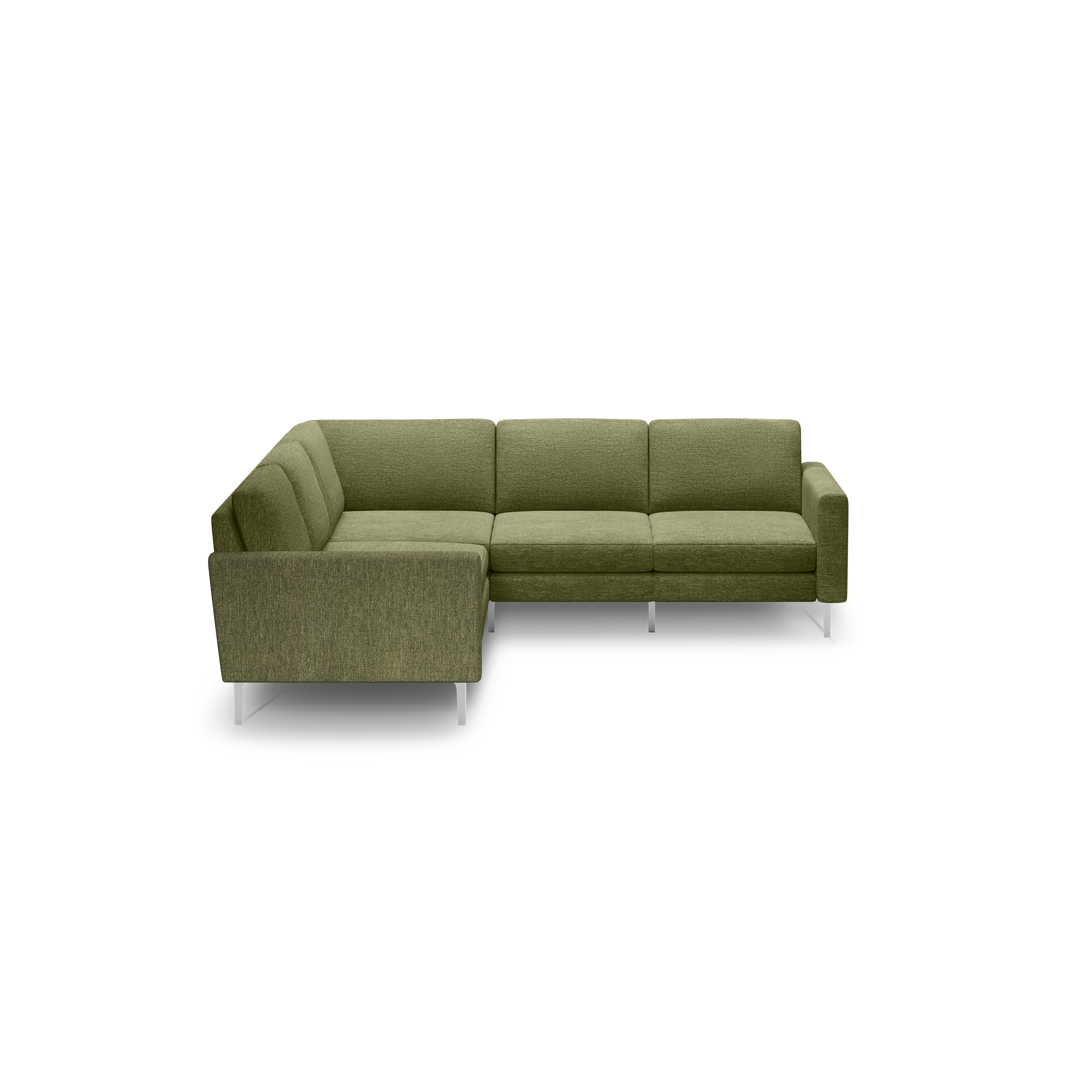 Olive green L-shaped sectional sofa with clean lines, soft cushions, and modern silver metal legs on black background.