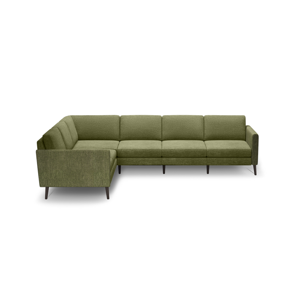 L-shaped sectional sofa with olive green fabric upholstery and dark wooden legs, featuring clean lines and cushioned seats and backs.