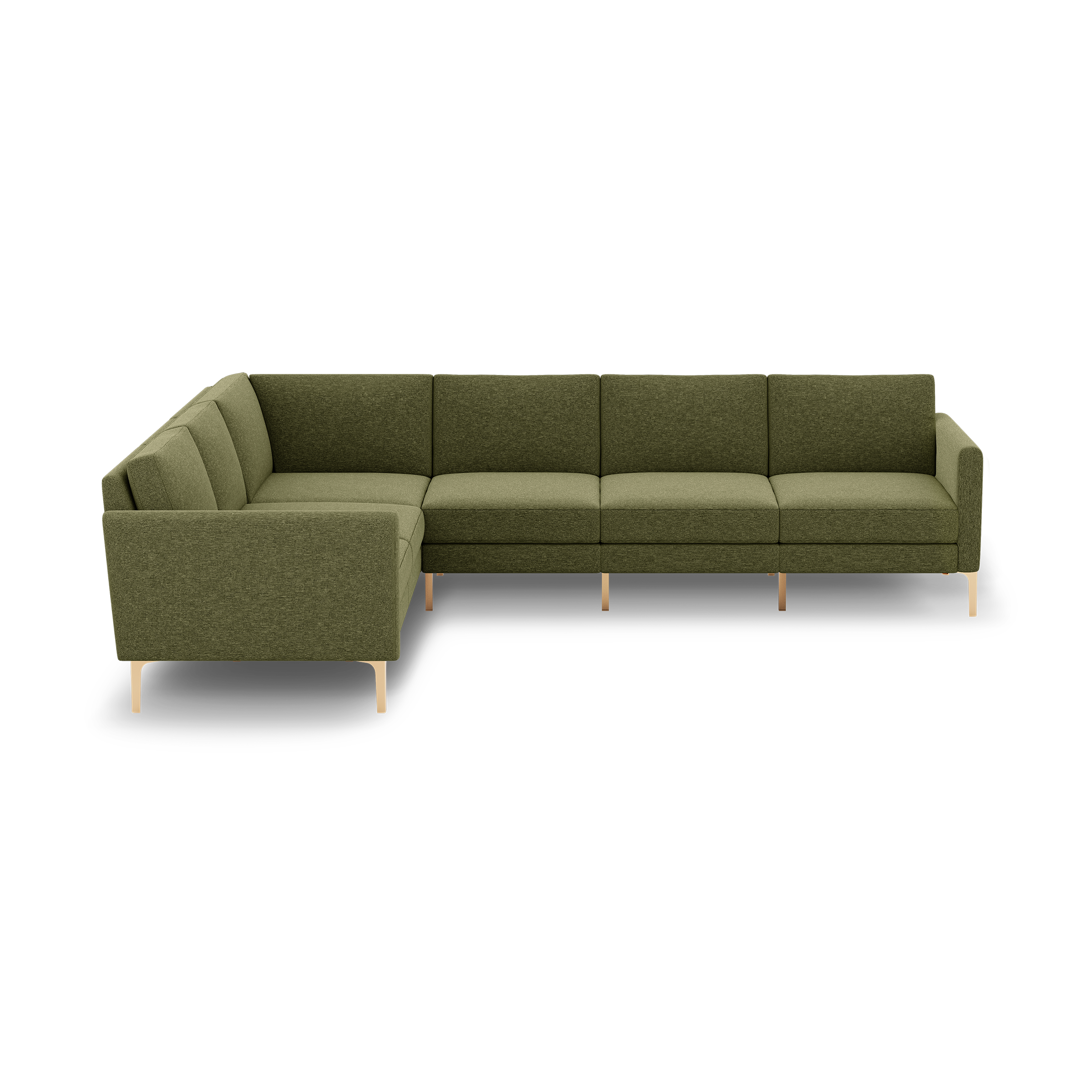 Modern olive green upholstered L-shaped sectional sofa with slim light wood legs and clean lines, designed for spacious, comfortable seating.