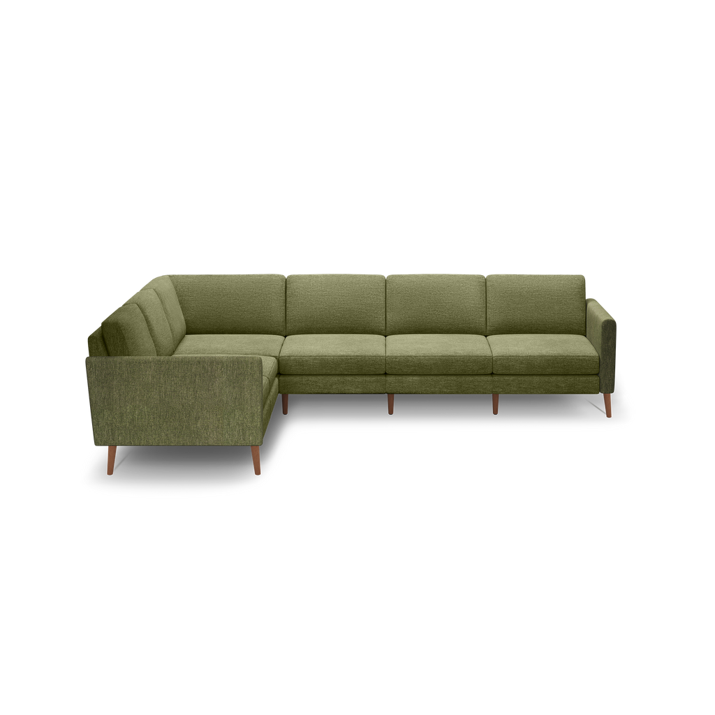 L-shaped sectional sofa in olive green fabric with wooden legs, featuring clean lines and modern design.