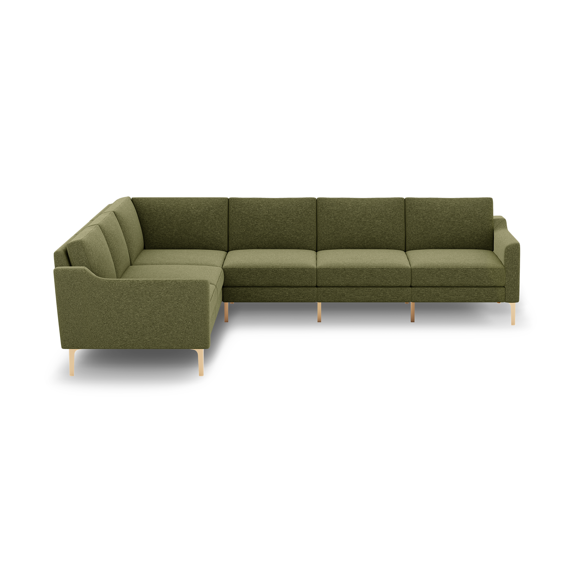 Olive green L-shaped sectional sofa with clean lines, tufted cushions, and light wooden legs.